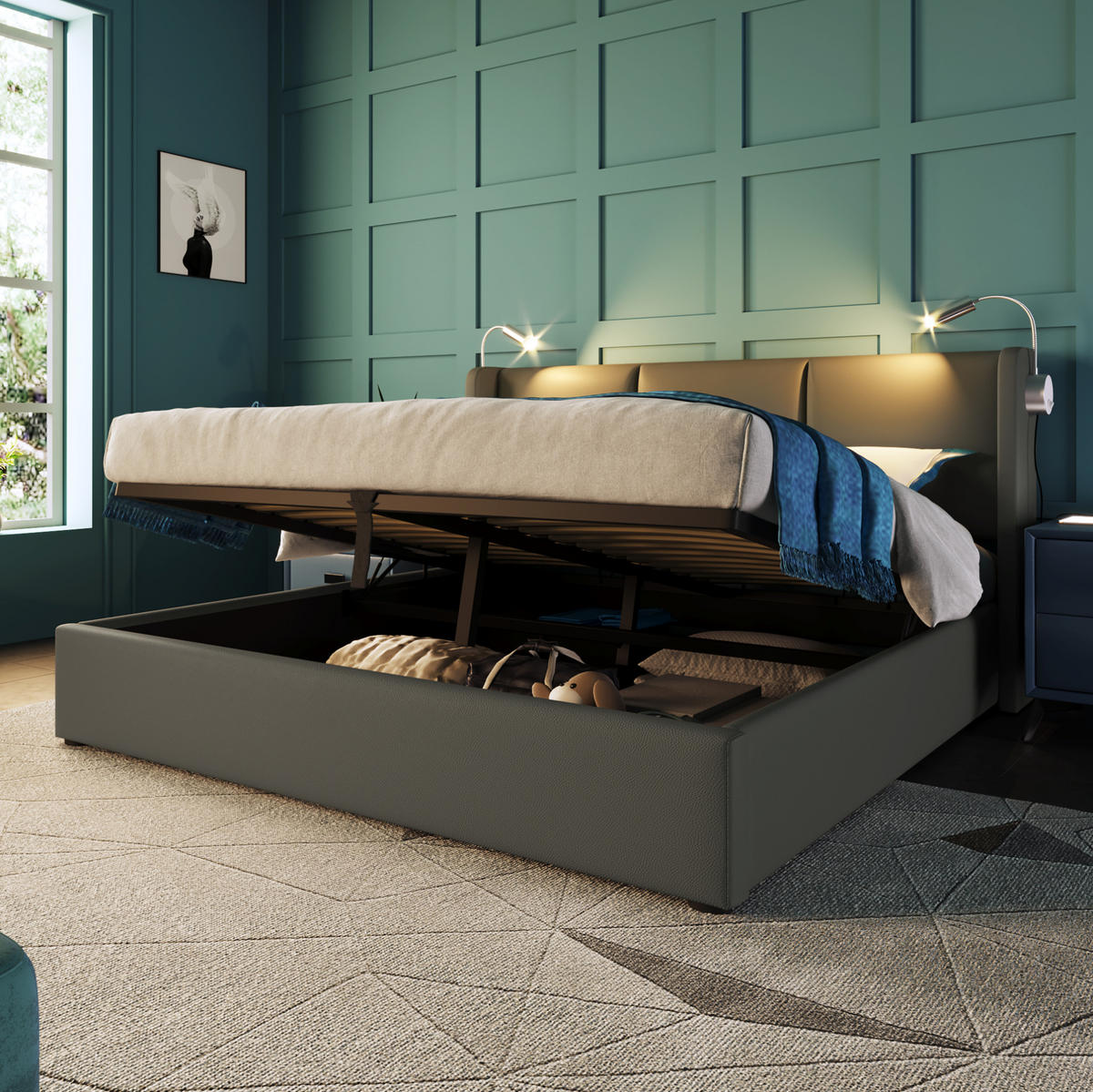 POLSTERBETT mit Bettkasten 140x200 cm PU Grau mit Leselicht & USB - Grau, Metall (140/200cm) - Meubliv