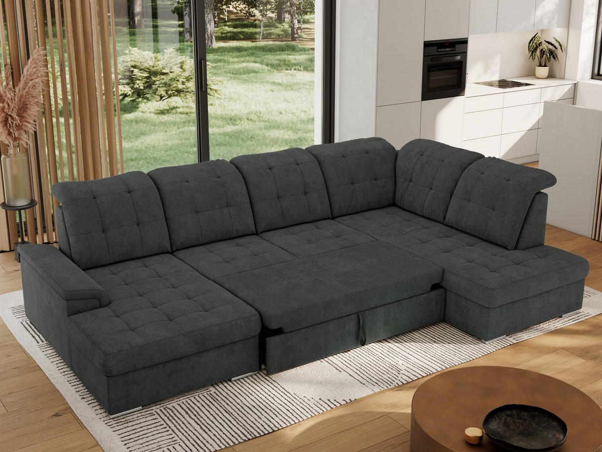 WOHNLANDSCHAFT MADRITO U - Dunkelgrau Struktur - Rechts - Dunkelgrau/Silberfarben, Textil/Metall (323/89/204cm) - MKS
