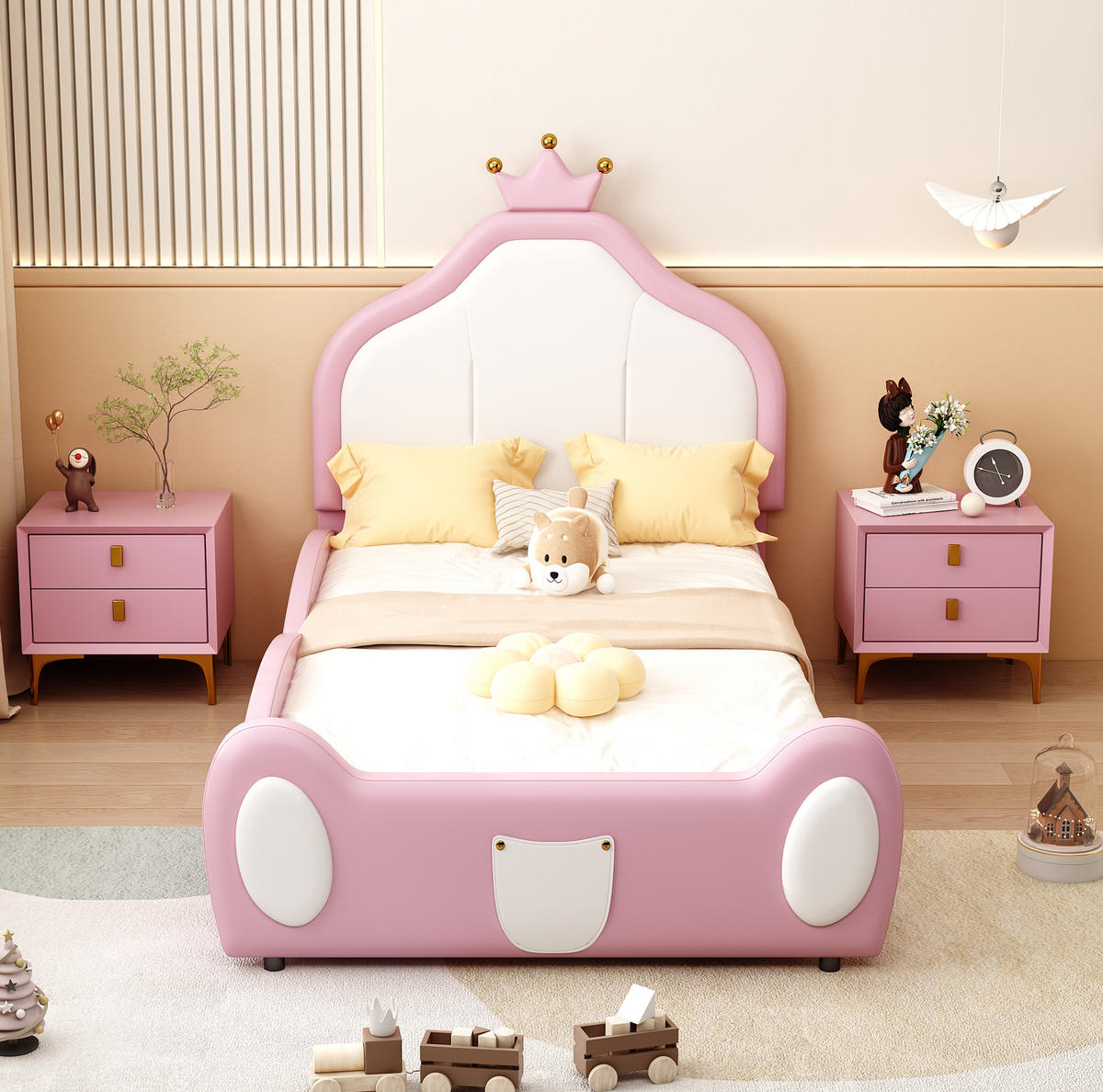 POLSTERBETT 90/200 cm Rosa/Weiß aus Kunstleder mit Kronen-Kopfteil - Rosa, Textil (90/200cm) - OKMYHOME
