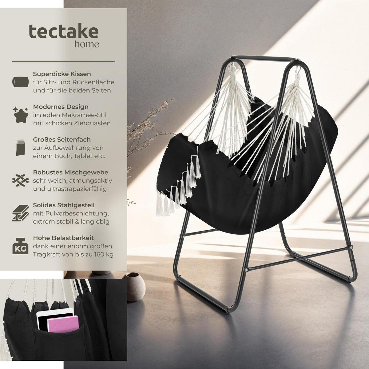 HÄNGESESSEL Alison,85 x 100 x 154,5 cm,schwarz - Schwarz, Naturmaterialien/Textil (85/154.5/100cm) - tectake