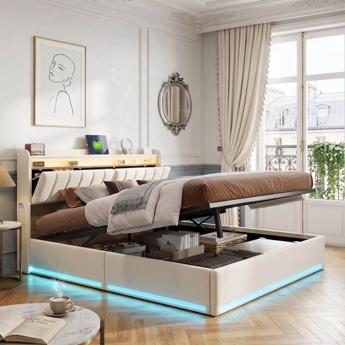 POLSTERBETT 140x200 cm, Doppelbett mit Bettkasten, USB und LED, hydraulischer Stauraum, Samt Beige - Beige, Holz/Textil (140/200cm) - GENKI LIVING
