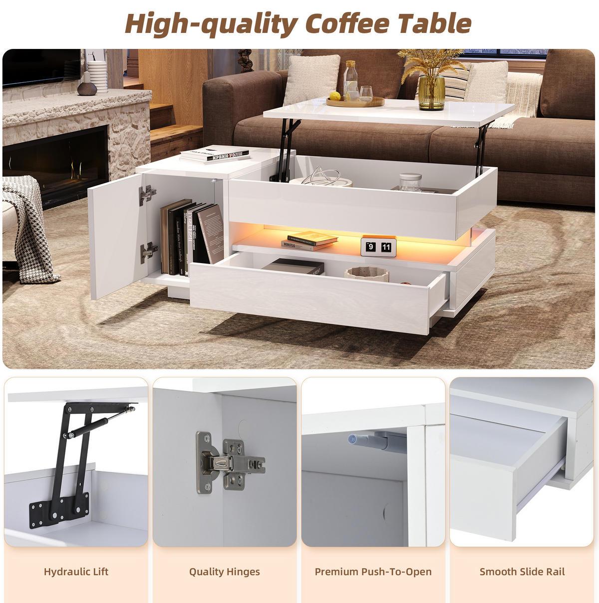 COUCHTISCH 90/50/34.5 cm weiß aus Spanplatte mit Hebefunktion und LED - Weiß, Holzwerkstoff (95/50/34.5cm) - OKMYHOME