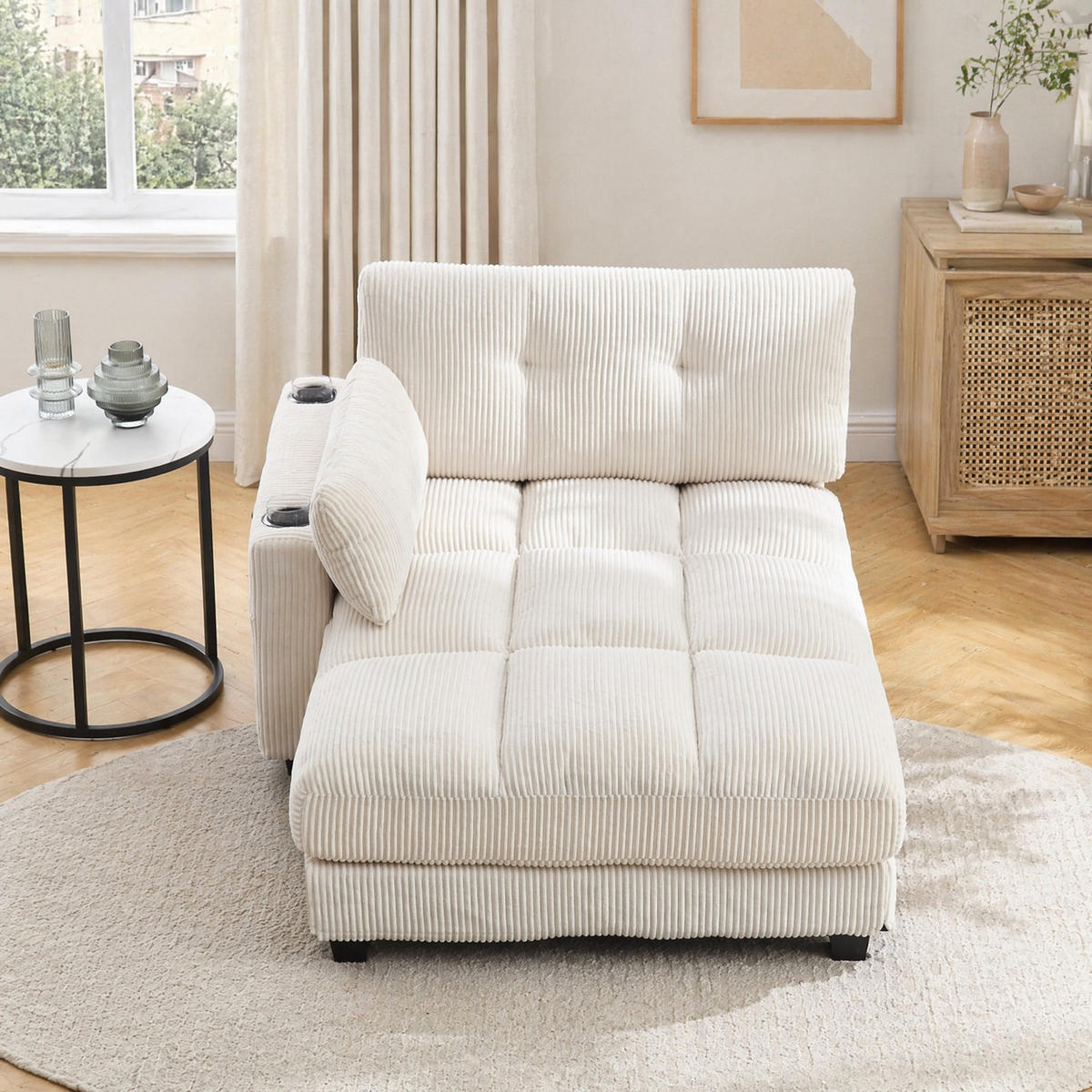 SESSEL 1-Sitzer in Beige aus Cord 140/112/81 cm mit USB - Beige/Schwarz, Holzwerkstoff/Kunststoff (112/81/140cm) - CHICFURN