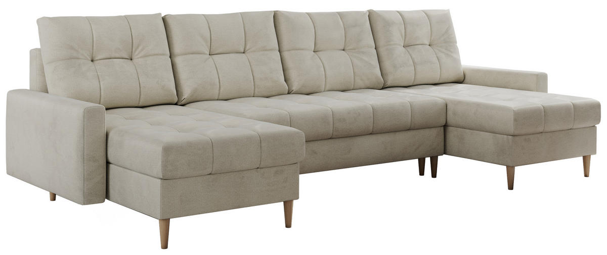 WOHNLANDSCHAFT Colin U Velvet Beige - Beige/Braun, Holz/Textil (290/75/140cm) - MKS
