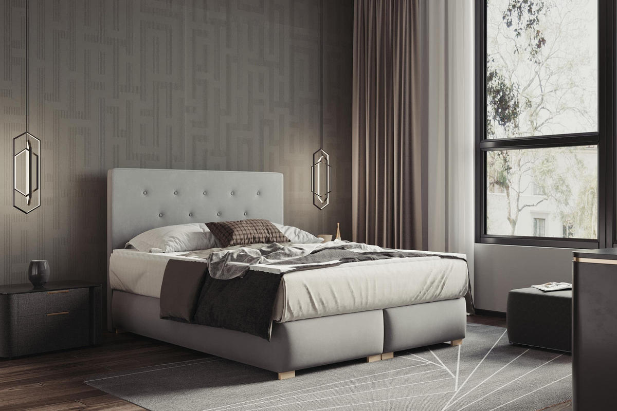 BOXBETT LUPIN, 140 x 200 cm, Double Bed für Schlafzimmer, Elegant Matratze und Bettkasten, Grau - Grau, Holz/Textil (140/200cm) - Trada