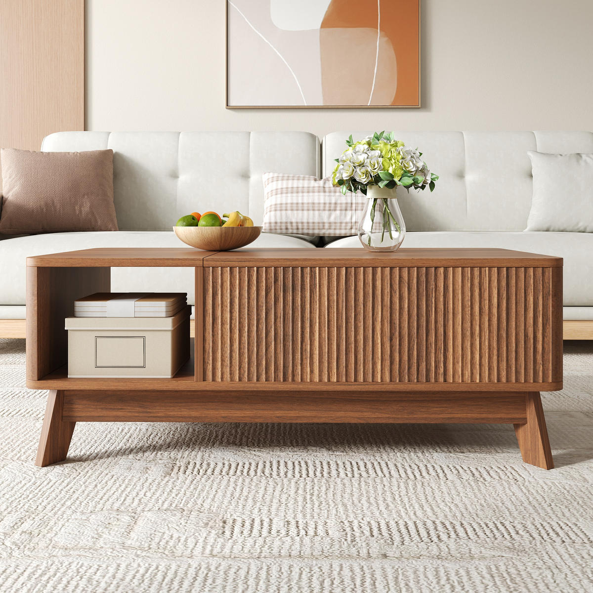 COUCHTISCH Hubfunktion Wellenoptik MDF Stauraum modern - Walnussfarben, Holzwerkstoff (95/48/50cm) - FLIEKS