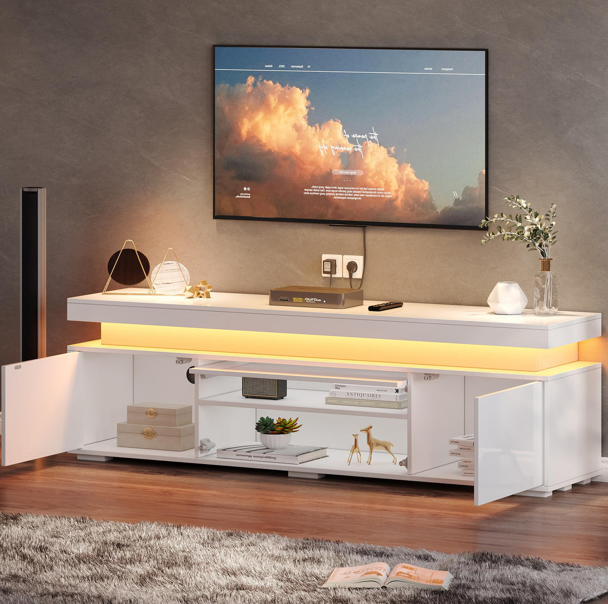 TV-LOWBOARD 150/35/43 cm Weiß aus Spanplatte mit LED-Beleuchtung - Weiß, Holzwerkstoff (150/43/35cm) - OKWISH