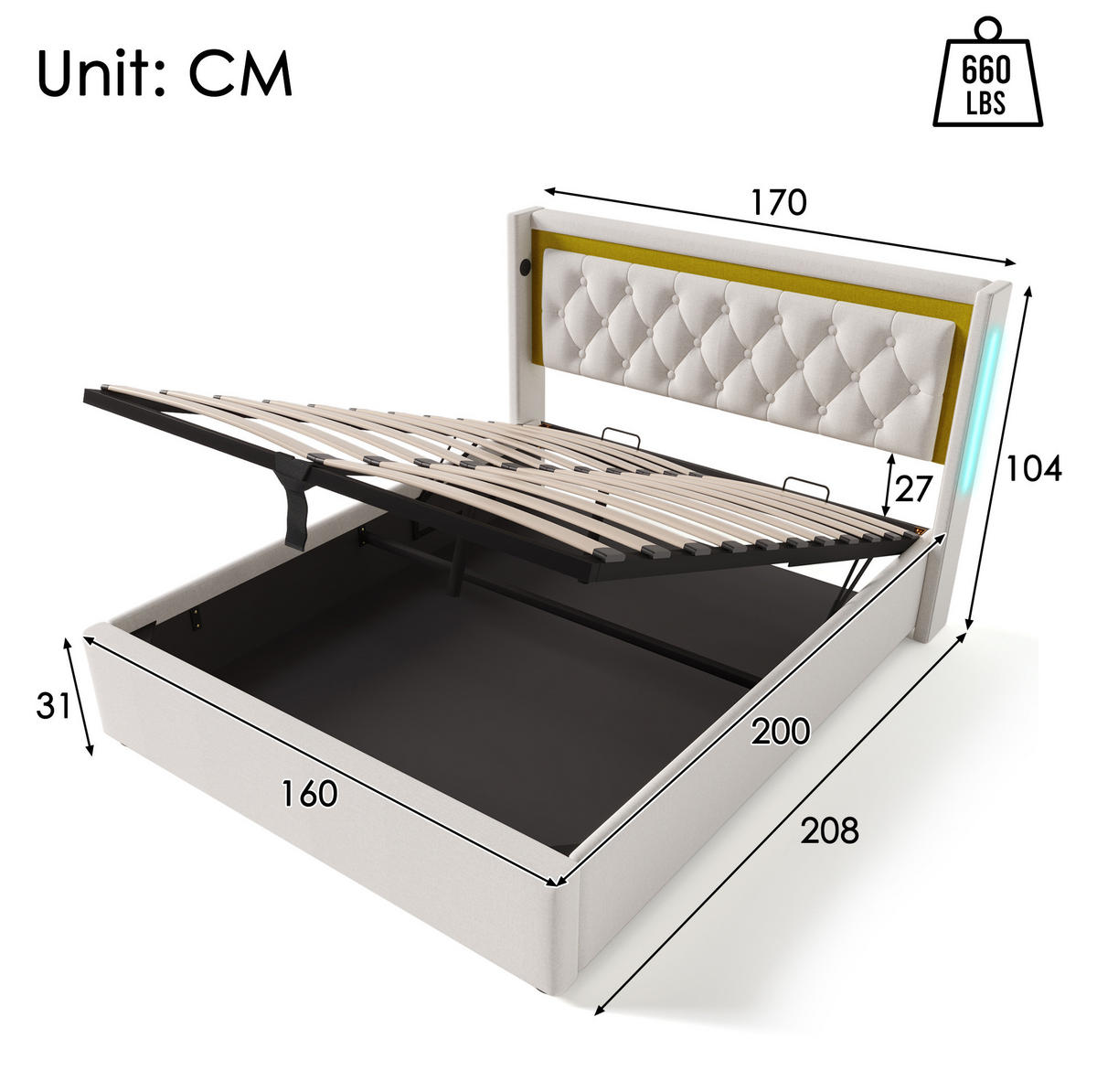 POLSTERBETT aus Baumwolle 160x200 cm in Hellbeige mit LED & USB-C-Ladefunktion - Beige, Textil (160/200cm) - Modfu