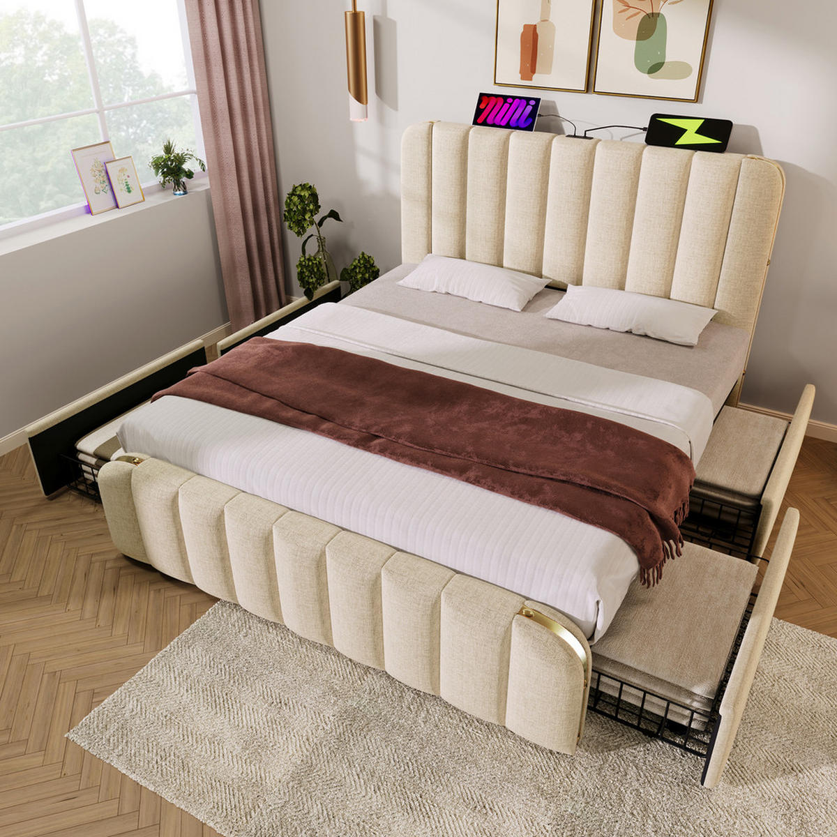 POLSTERBETT 140x200cm Doppelbett USB-C 4 Schubladen Goldstreifen Beige - Beige, Holz - FLIEKS