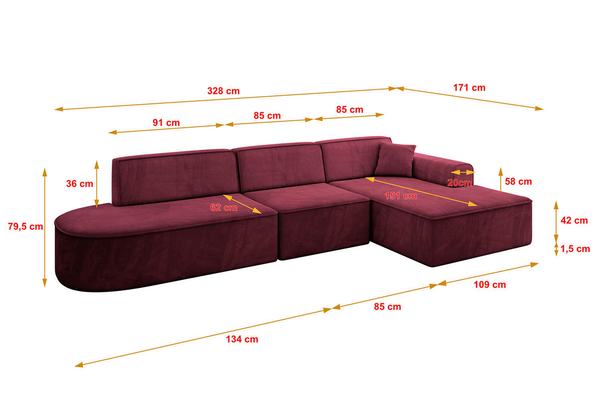 ECKSOFA Ottomane Rechts IREA-L2-v3 - 328x171x79 cm Bordeauxrot - Bordeaux, Holzwerkstoff/Textil (171/328cm) - ALTDECOR