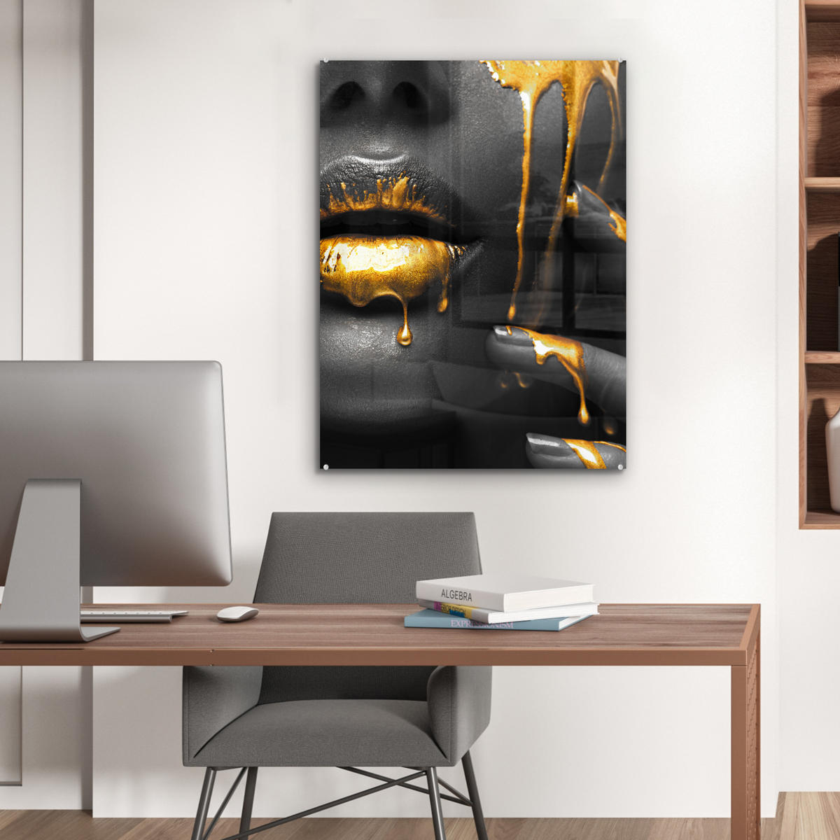 OBRAZ NA AKRYLOVOM SKLE Žena - čierna - zlatá - tvár - pery 60x80 cm - zlatá, sklo (60/80cm) - MuchoWow
