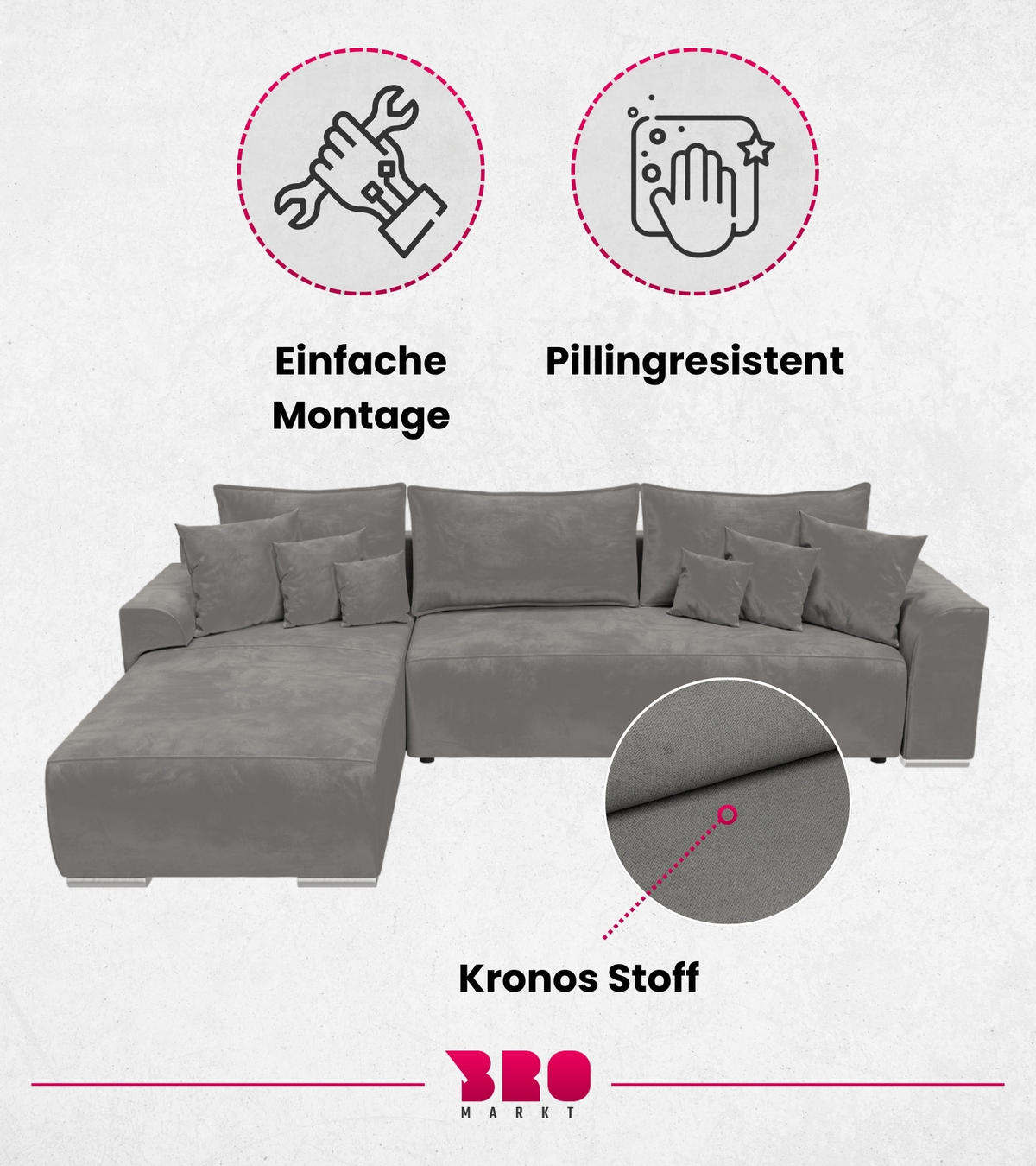 ECKSOFA Sydney mit Schlaffunktion Grau Plüsch - Grau, Textil (280/184cm) - Bromarkt