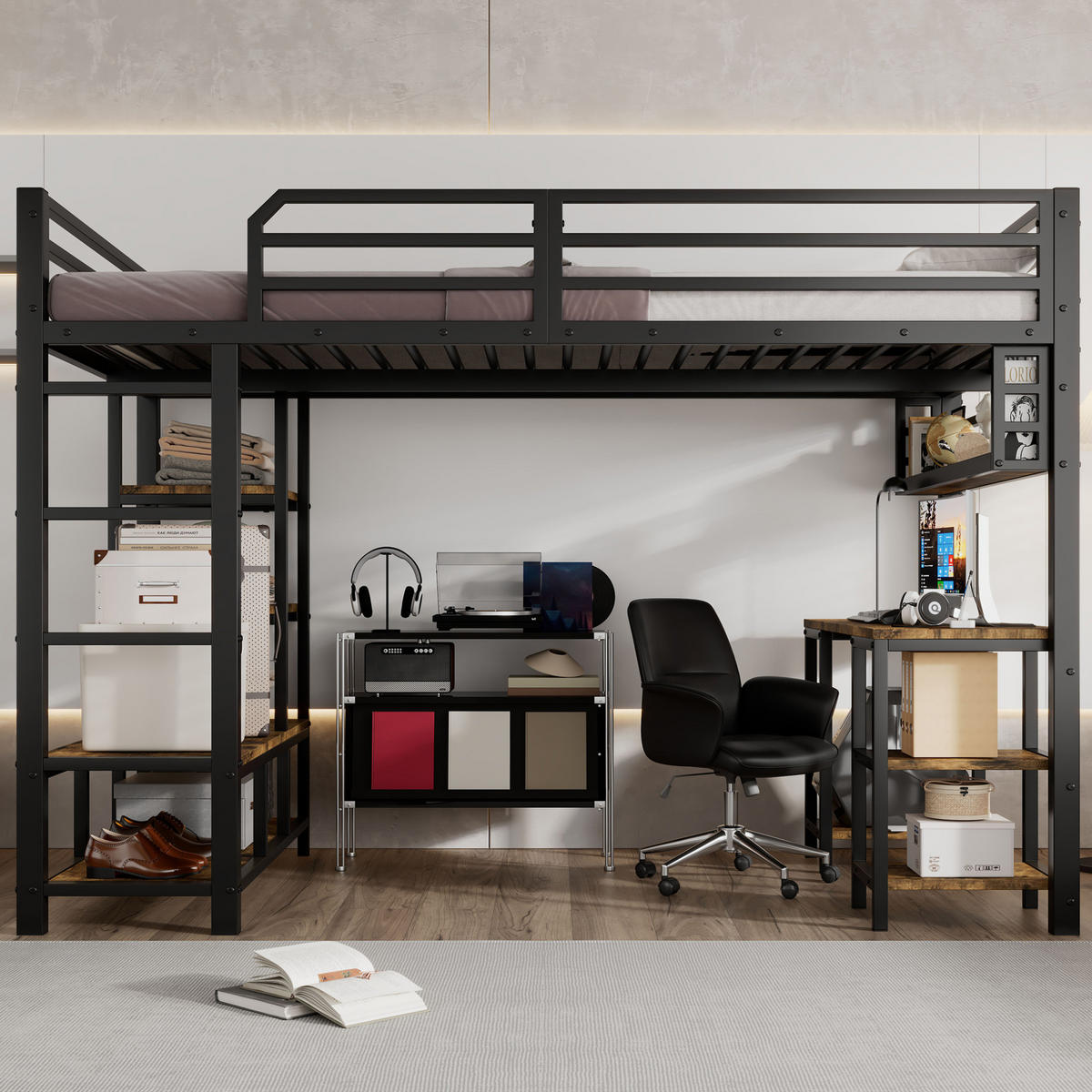 HOCHBETT 120/200 cm mit Schreibtisch und Ablagefläche in Schwarz/Dunkelwalnuss - Schwarz, Metall (120/200cm) - Flora Grace
