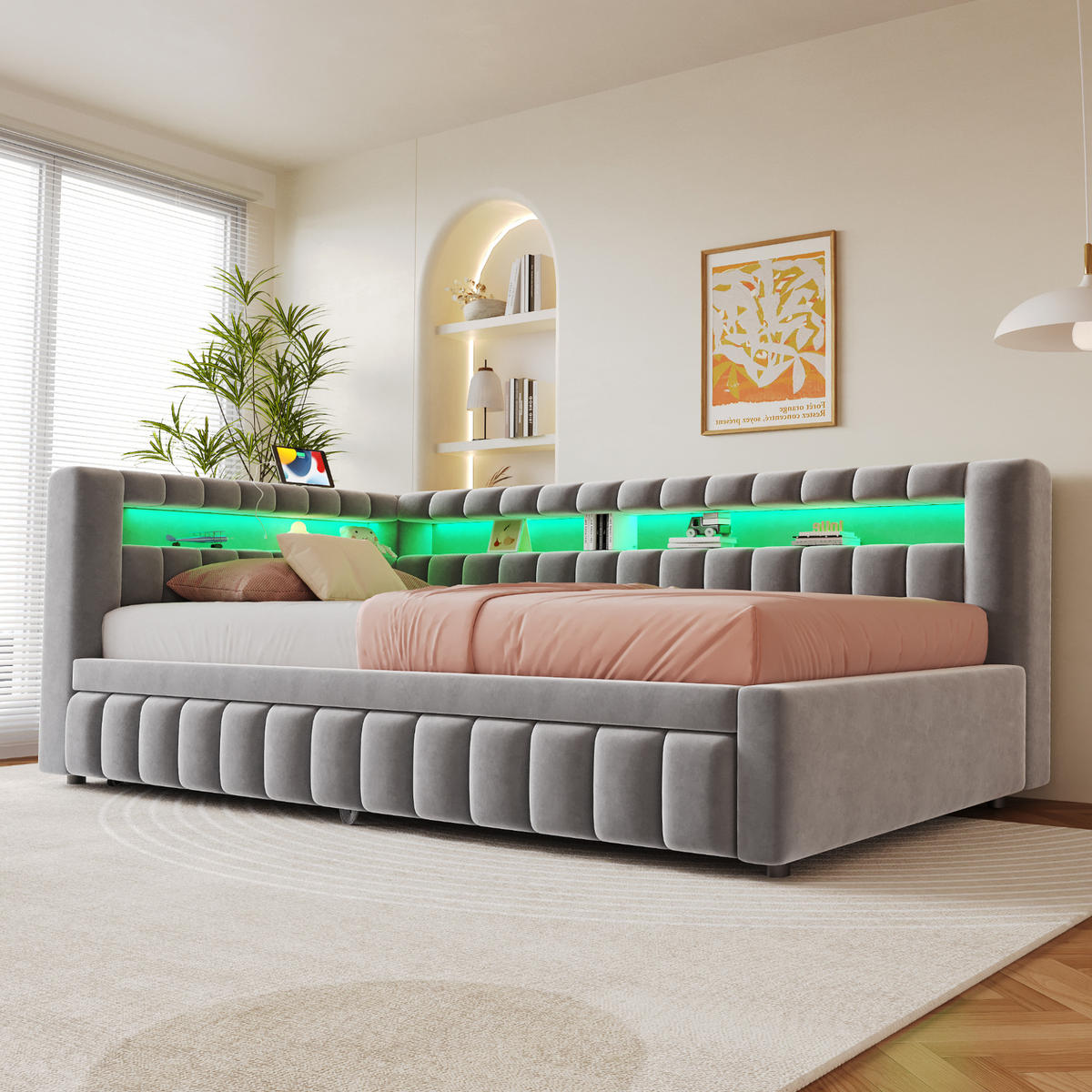 POLSTERBETT 90x200 Hellgrau Samt LED USB - Hellgrau, Textil (90/200cm) - FLIEKS