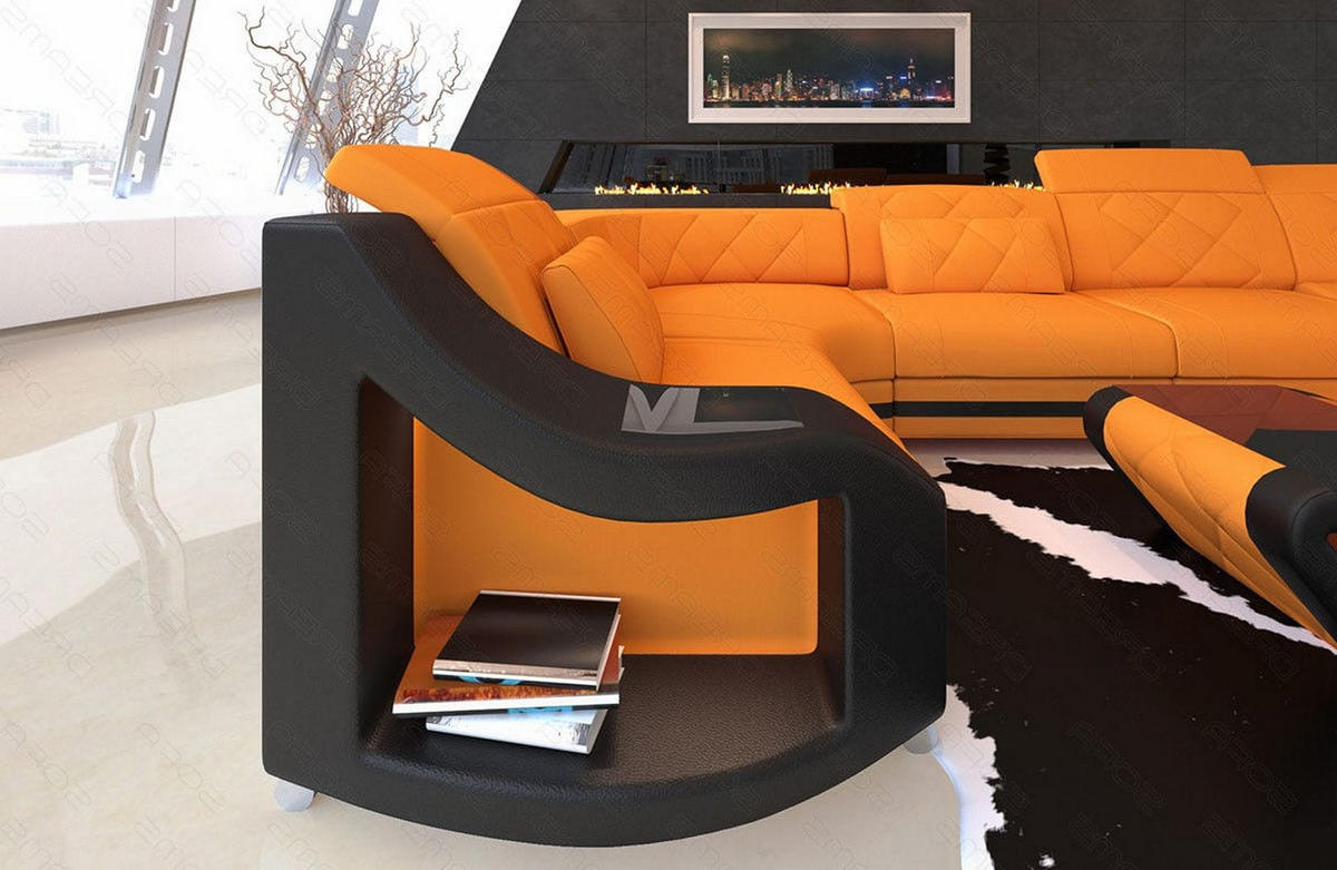 WOHNLANDSCHAFT Stoff Sofa Swing U Form Apricot Schwarz Mikrofaserstoff - Orange, Kunststoff (404/90/220cm)