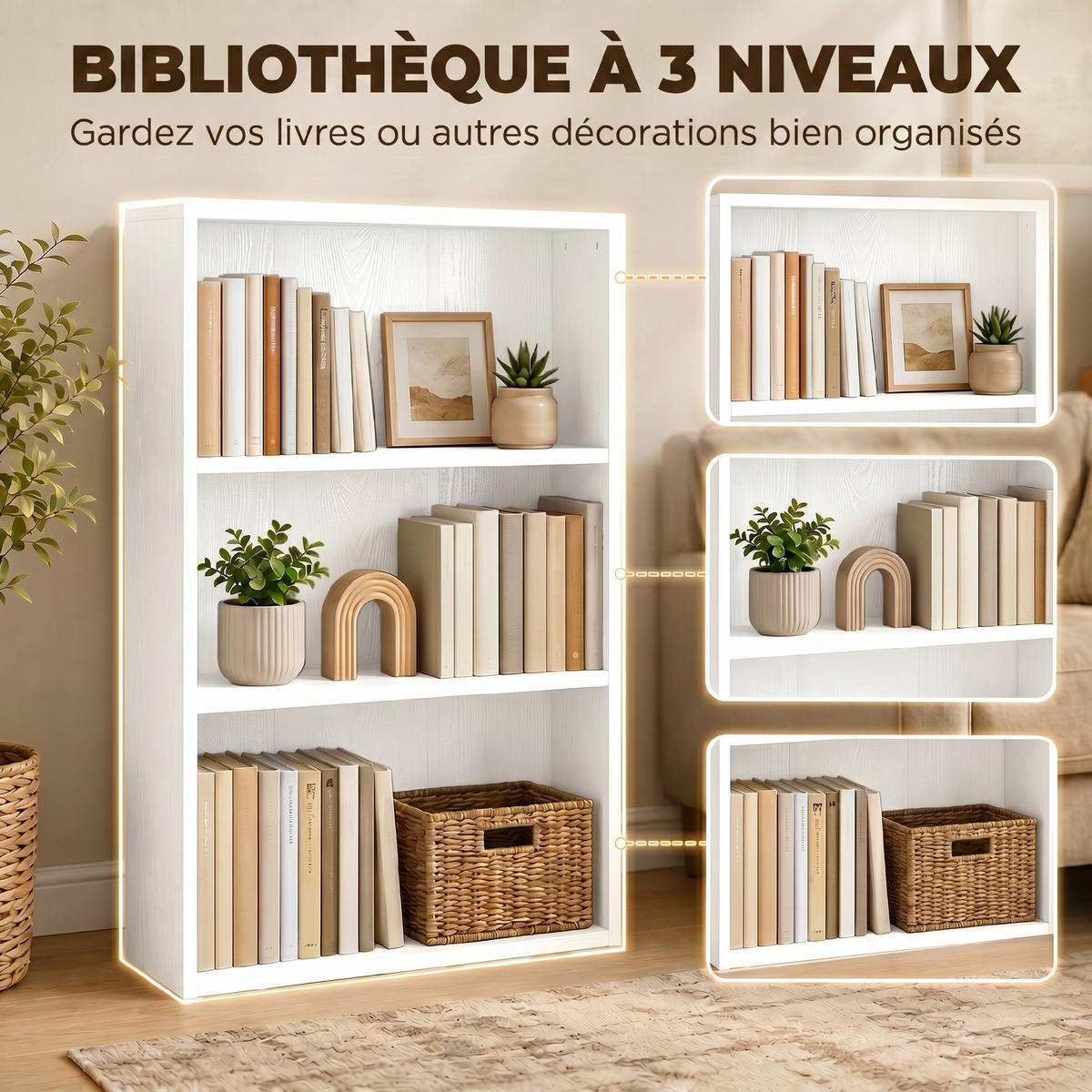 BÜCHERREGAL,3 Fächer verstellbarer Boden 60x24x93cm,weiß - Weiß, Holzwerkstoff (60/93/24cm) - Vallsero