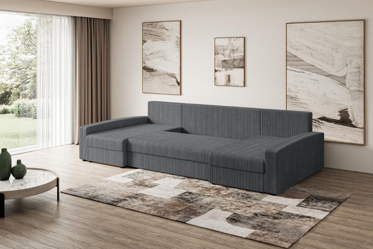 WOHNLANDSCHAFT mit Schlaffunktion und Bettkasten ALESIA-U 301x140x90 cm Grau Cord - Dunkelgrau/Silberfarben, Holzwerkstoff/Kunststoff (301/90/140cm) - ALTDECOR