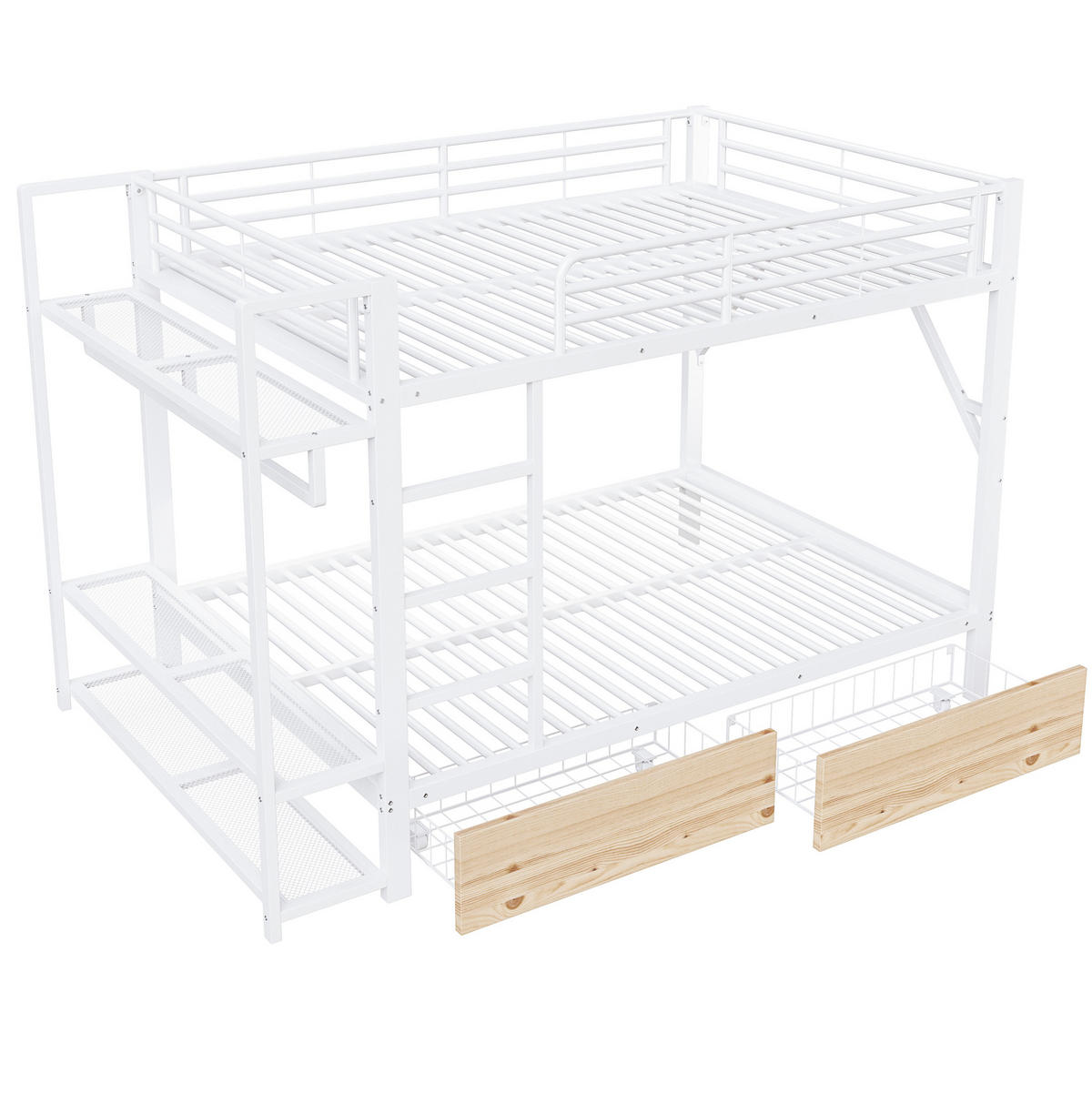 ETAGENBETT 140/200 cm weiß aus Metall mit LED, Regalen und 2 Schubladen - Weiß, Metall (140/200cm) - OKWISH