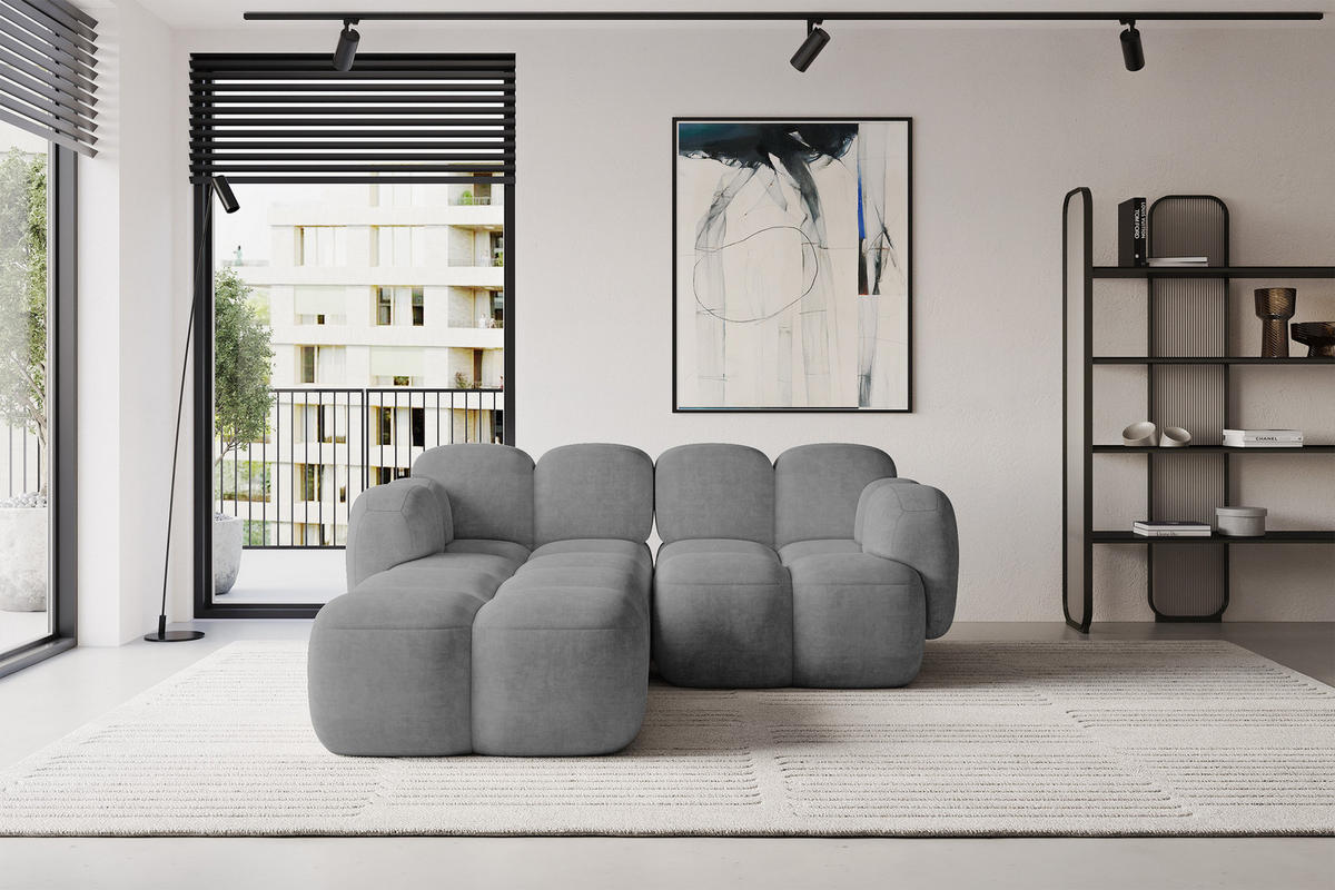ECKSOFA modulares Sofa Links Miko-L1 214x205x75 Grau Velours - Schwarz/Grau, Holzwerkstoff/Kunststoff (214/205cm) - ALTDECOR