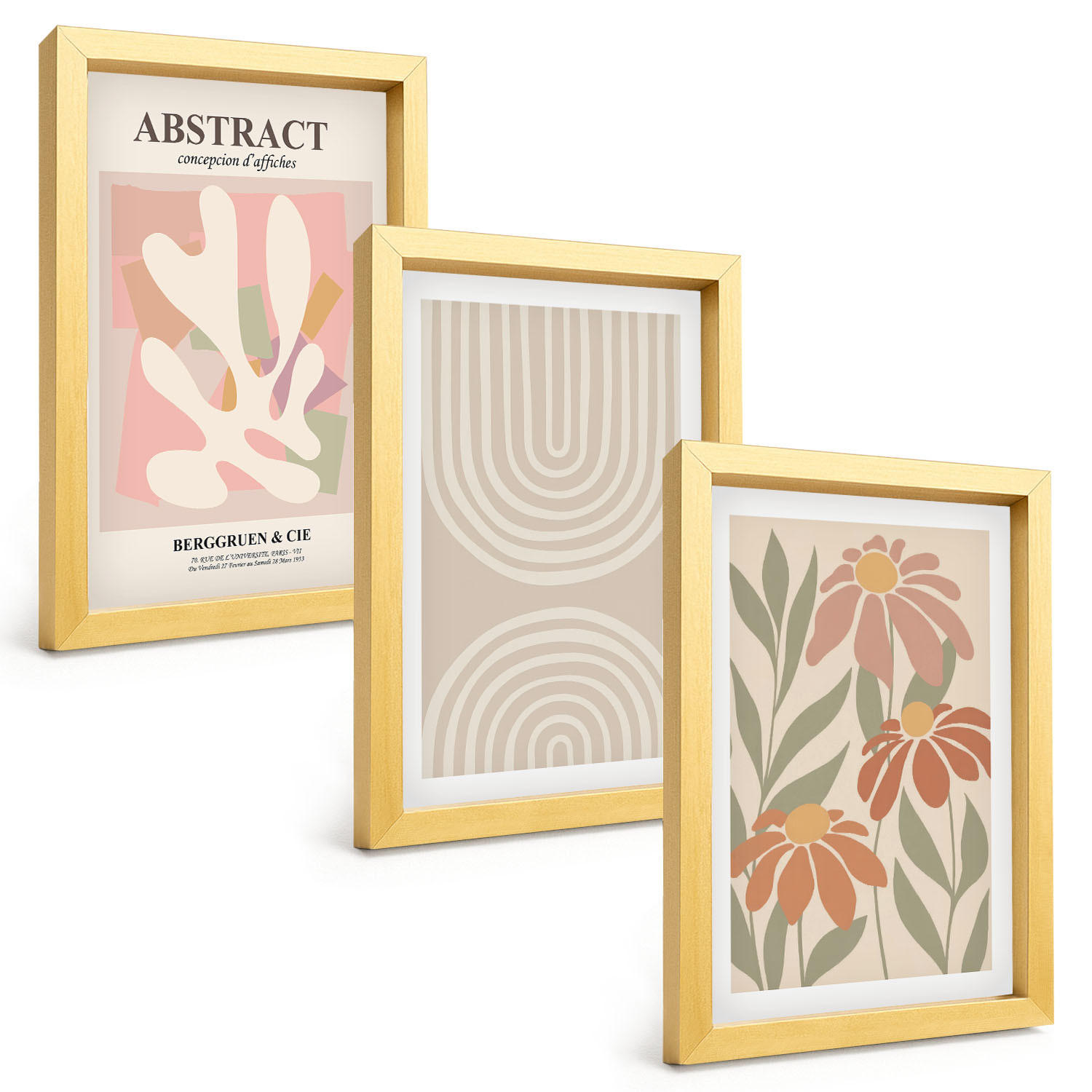 BILDER SET 3er Set - 20x30 cm Goldrahmen - Abstrakte Pflanzenformen - Goldfarben, Kunststoff (20/30cm) - TULUP