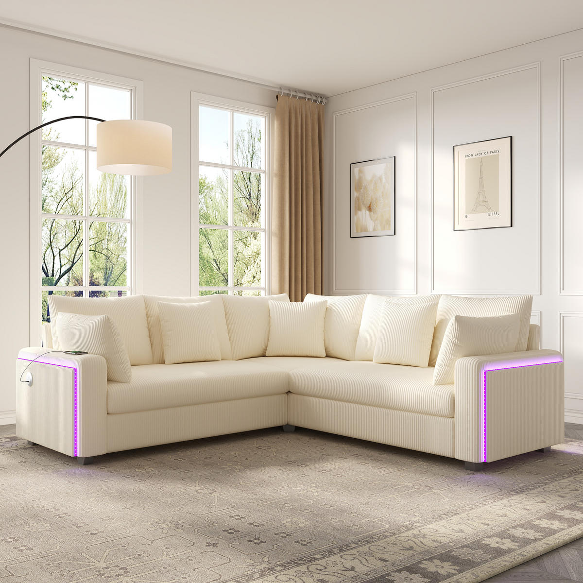 ECKSOFA 198/198/83 cm Beige mit LED‑Ambientebeleuchtung und USB‑Ladeanschluss - Beige, Holz/Textil (198/198cm) - Oxeza
