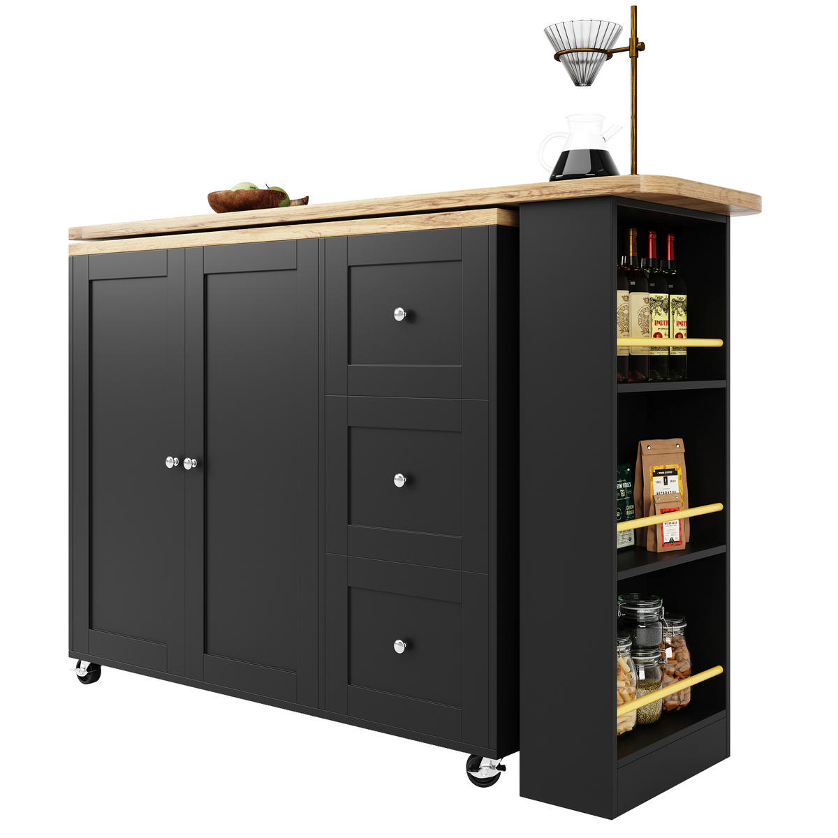 BARTISCH ausziehbar 135-203x39x106cm Schwarz 360°drehbar mit Rollen - Schwarz, Holzwerkstoff (203/106/39cm) - Modfu