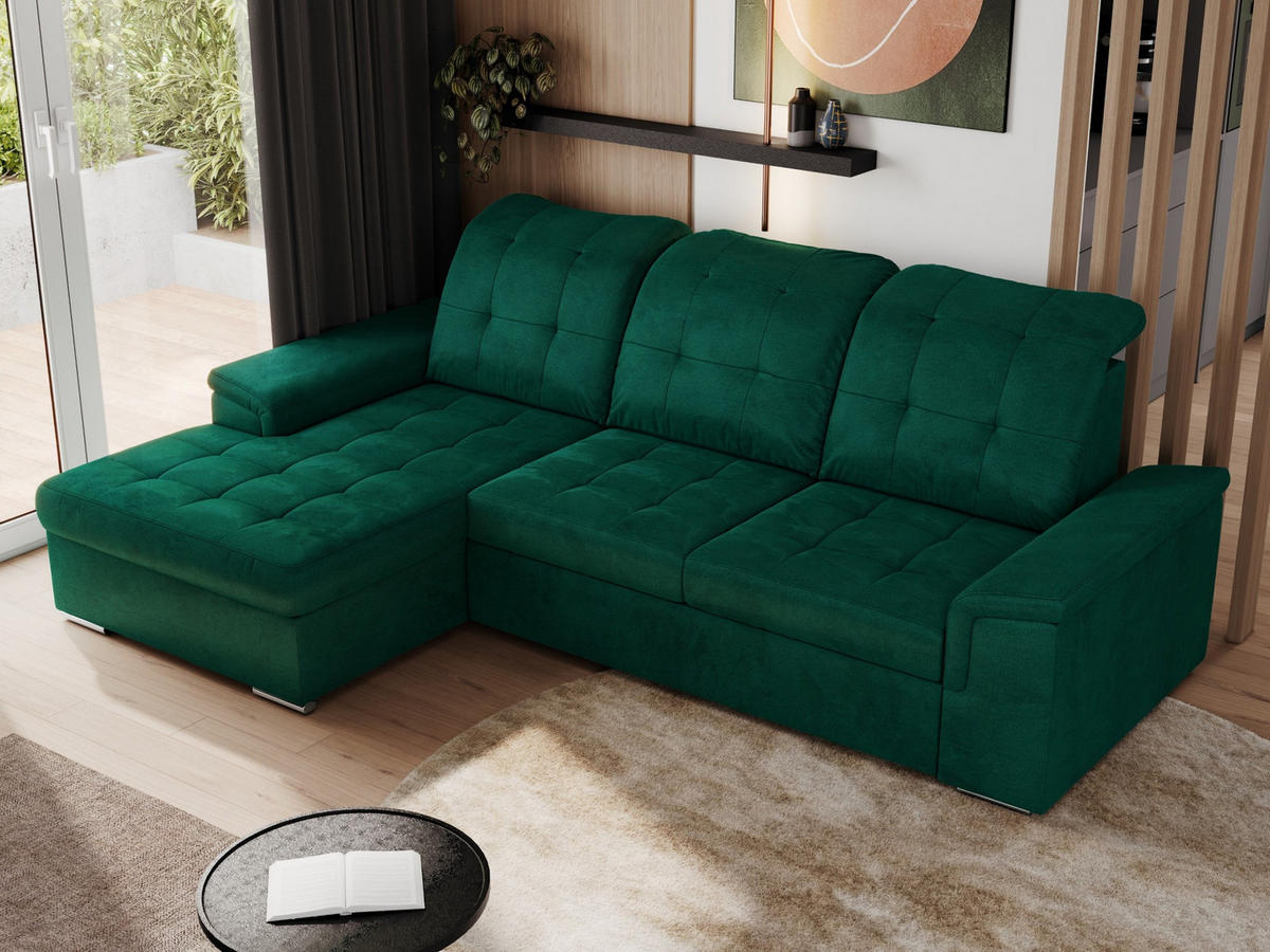 ECKSOFA MADRITO L - DunkelGrün Velorus - Links - Dunkelgrün/Silberfarben, Textil/Metall (160/256cm)
