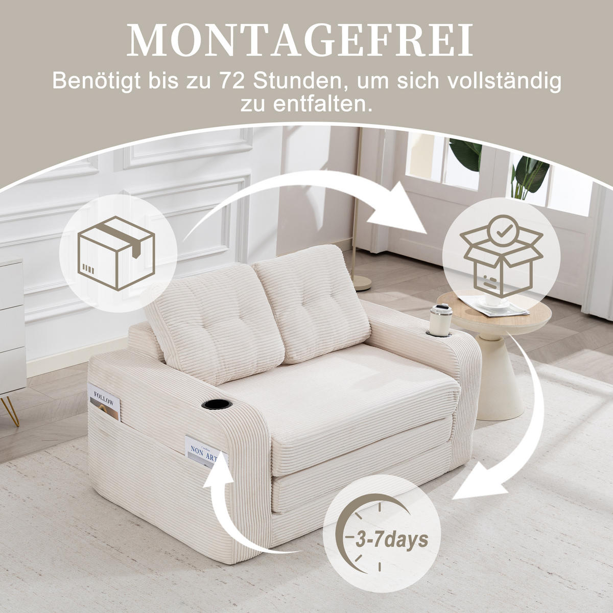 SCHLAFSOFA in Beige Cord mit Getränkehalter und Seitentaschen - Beige, Textil (136/82.5/80cm) - Oxeza