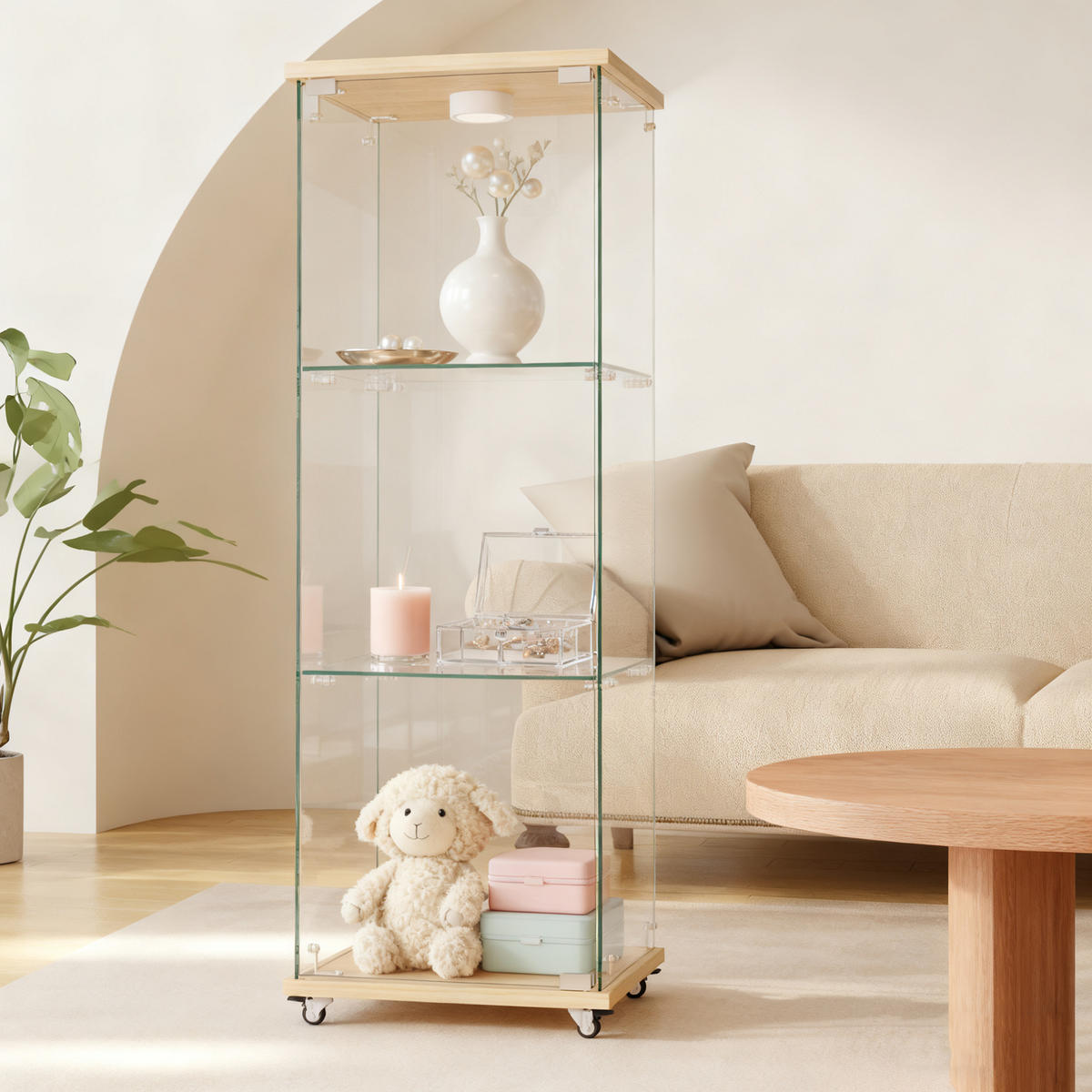 VITRINE in Naturfarben Glasvitrine mit LED-Beleuchtung für Wohn- und Schlafzimmer, B42.5/T36.5/H120cm - Naturfarben, Glas/Holzwerkstoff (42.5/120/36.5cm) - STILVORA