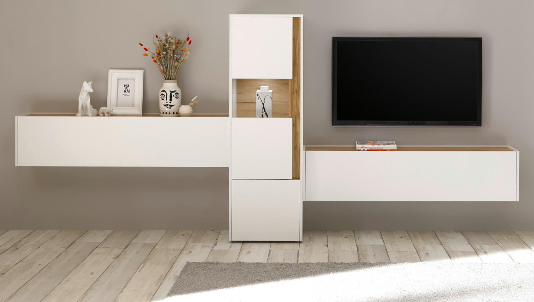 WOHNWAND 3-teilig weiß, Eiche Wotan 350 cm, Schrankwand modernes Design - Eiche Wotan/Schwarz, Glas/Holz (350/155/40cm) - Furn.Design
