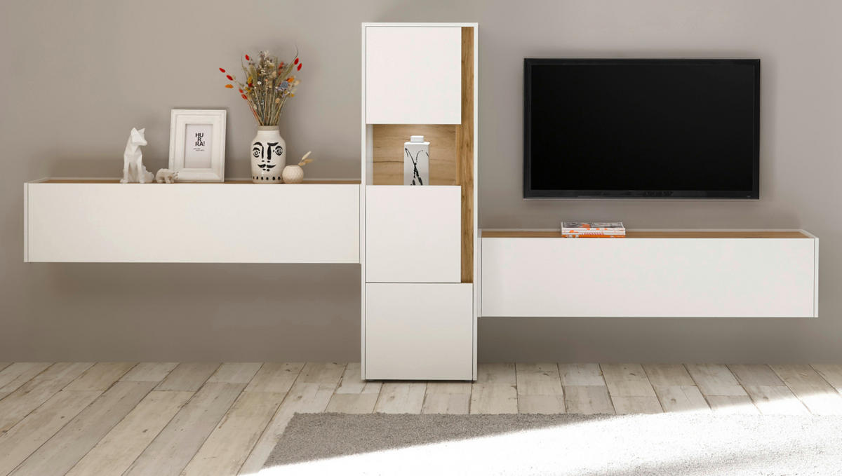 WOHNWAND 3-teilig weiß, Eiche Wotan 350 cm, Schrankwand modernes Design - Eiche Wotan/Schwarz, Glas/Holz (350/155/40cm) - Furn.Design