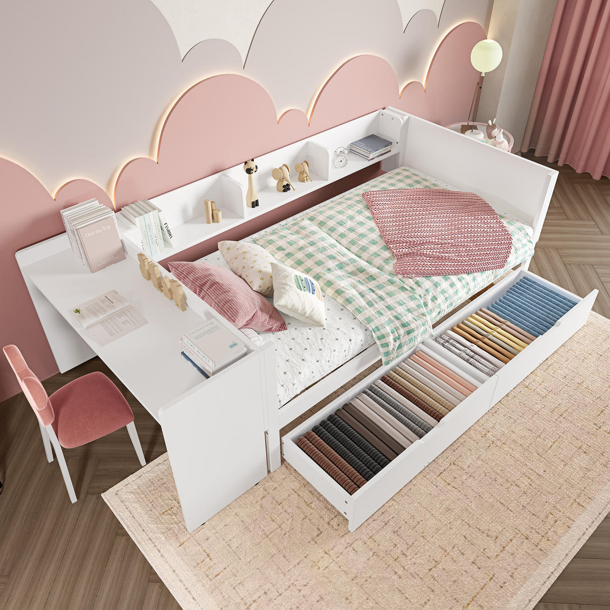 FLACHBETT 90x200cm Weiß Holz Schreibtisch 2 Schubladen Regale - Weiß, Holz (90/200cm) - FLIEKS