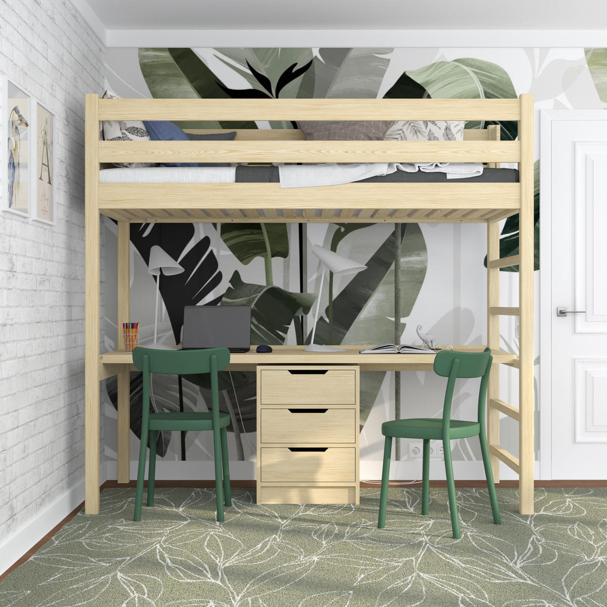 HOCHBETT N01 mit Schreibtisch Klare Kiefer 120/180 - Braun, Naturmaterialien/Holz (120/180cm) - N-Wood