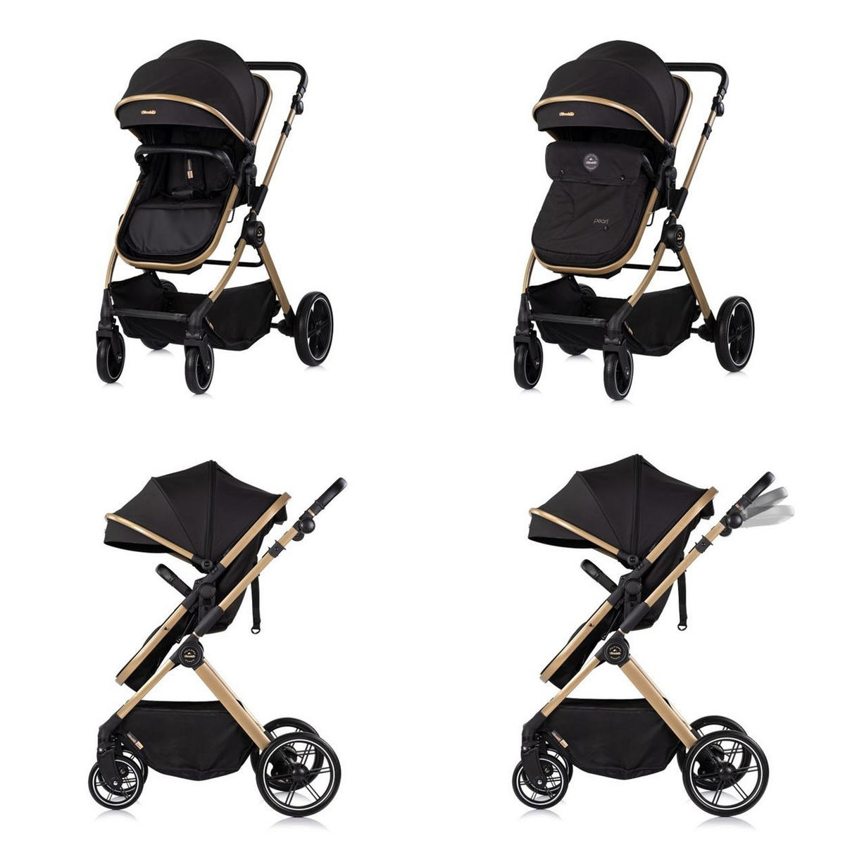 KINDERWAGEN Pearl 2 in 1 schwarz umbaubar Rucksack Fußsack Korb Federung - Schwarz, Metall (64/65/104cm) - Chipolino
