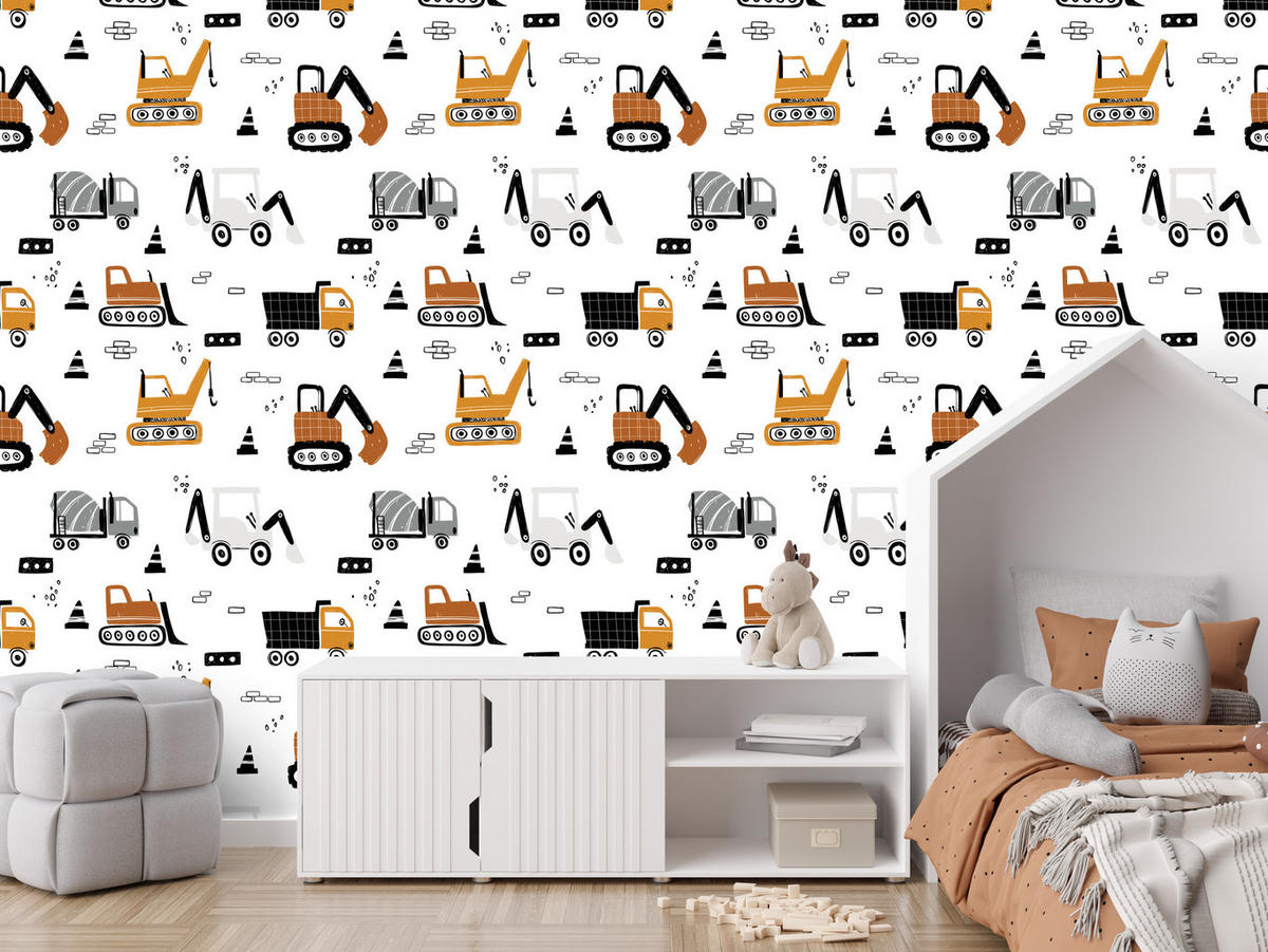 VLIESTAPETE Kräne, Bagger und Baumaschinen – Orange, Schwarz, Weiß – 50x1000 cm - Schwarz/Orange, Papier (50/1000cm) - Muralo