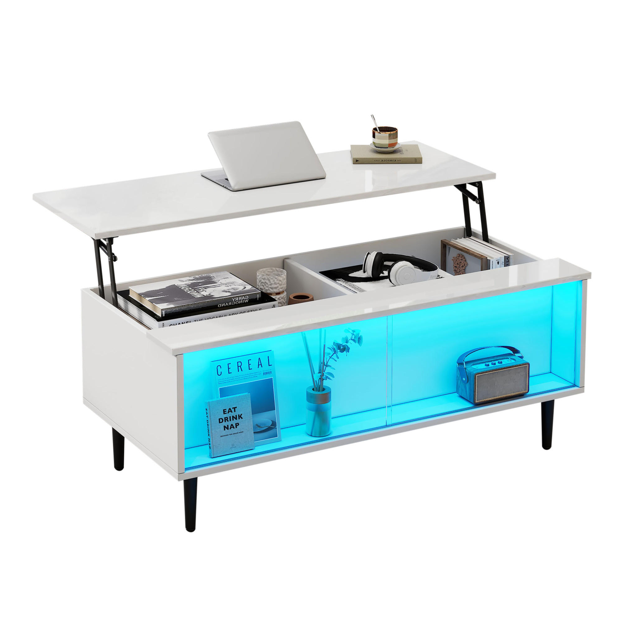 COUCHTISCH 105/50/43 cm höhenverstellbar mit Stauraum und LED-Beleuchtung in Weiß - Weiß, Holzwerkstoff (105/50/43cm) - Flora Grace