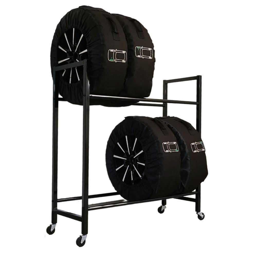 REIFENREGAL Carrero auf Rollen 115x111x40 cm bis zu 8 Reifen auf 2 Ebenen Schwarz - Schwarz, Metall (111/115/40cm) - PROREGAL