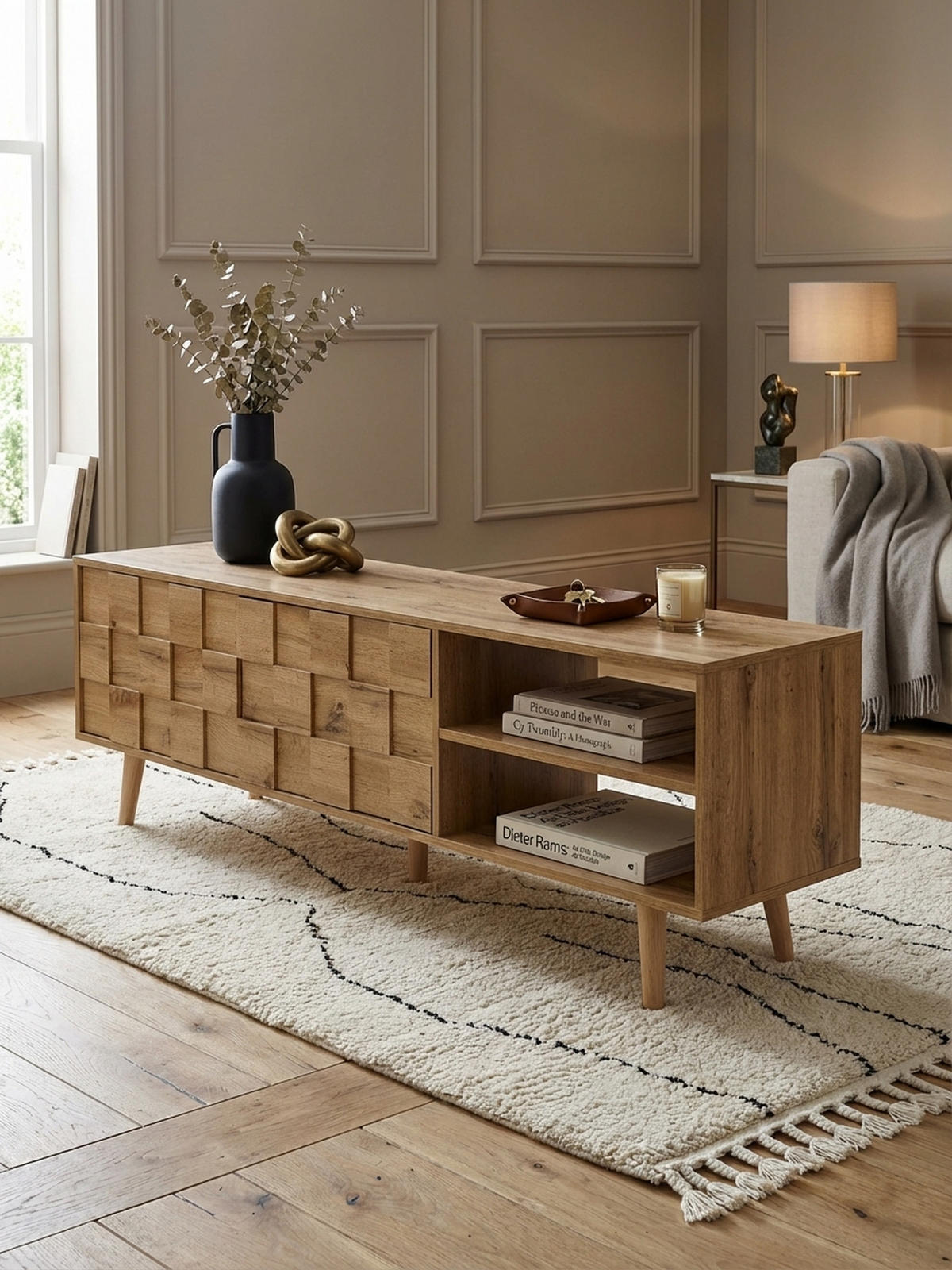 LOWBOARD Eiche-Dekor Modern Stil für 70-Zoll Fernseher - Braun, Eichenholz/Holz (160/51/40cm) - KADIMA DESIGN