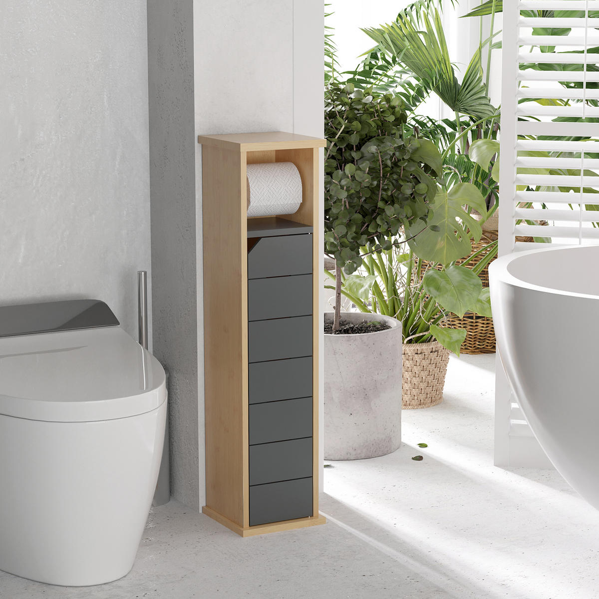 TOILETTENPAPIERHALTER DE-12333 2 Ebenen mit Auslass Bambus und Grau - Grau, Holzwerkstoff (18/75/18cm) - ComfortXL