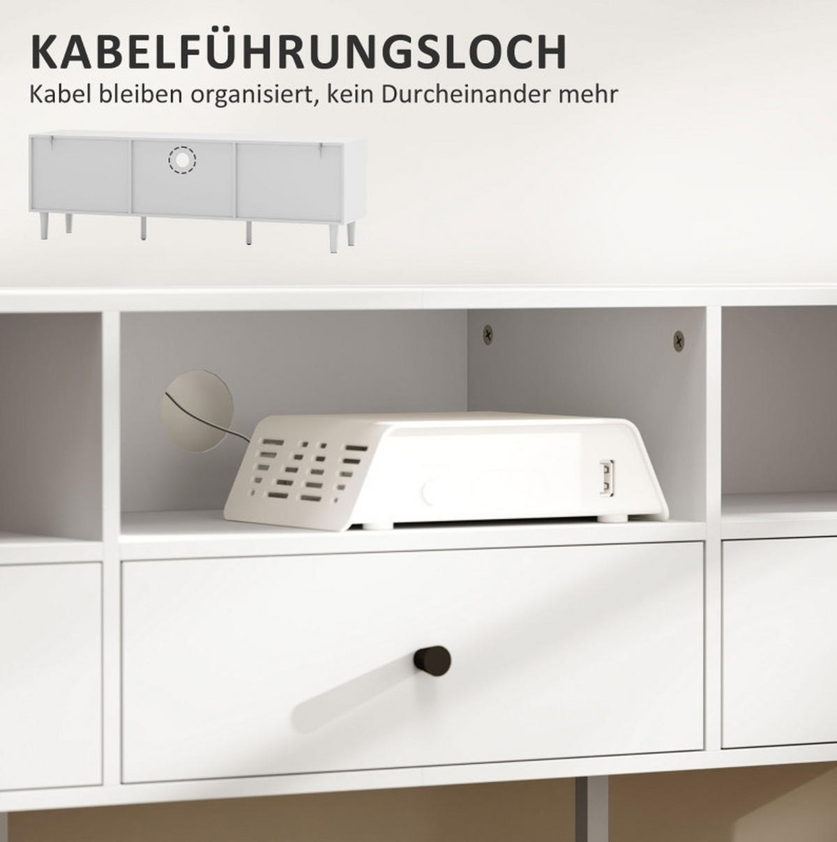 LOWBOARD 140/34/45 cm in Weiß mit 3 Schubladen und Kabelmanagement - Weiß, Holzwerkstoff (140/45/34cm) - Flora Grace