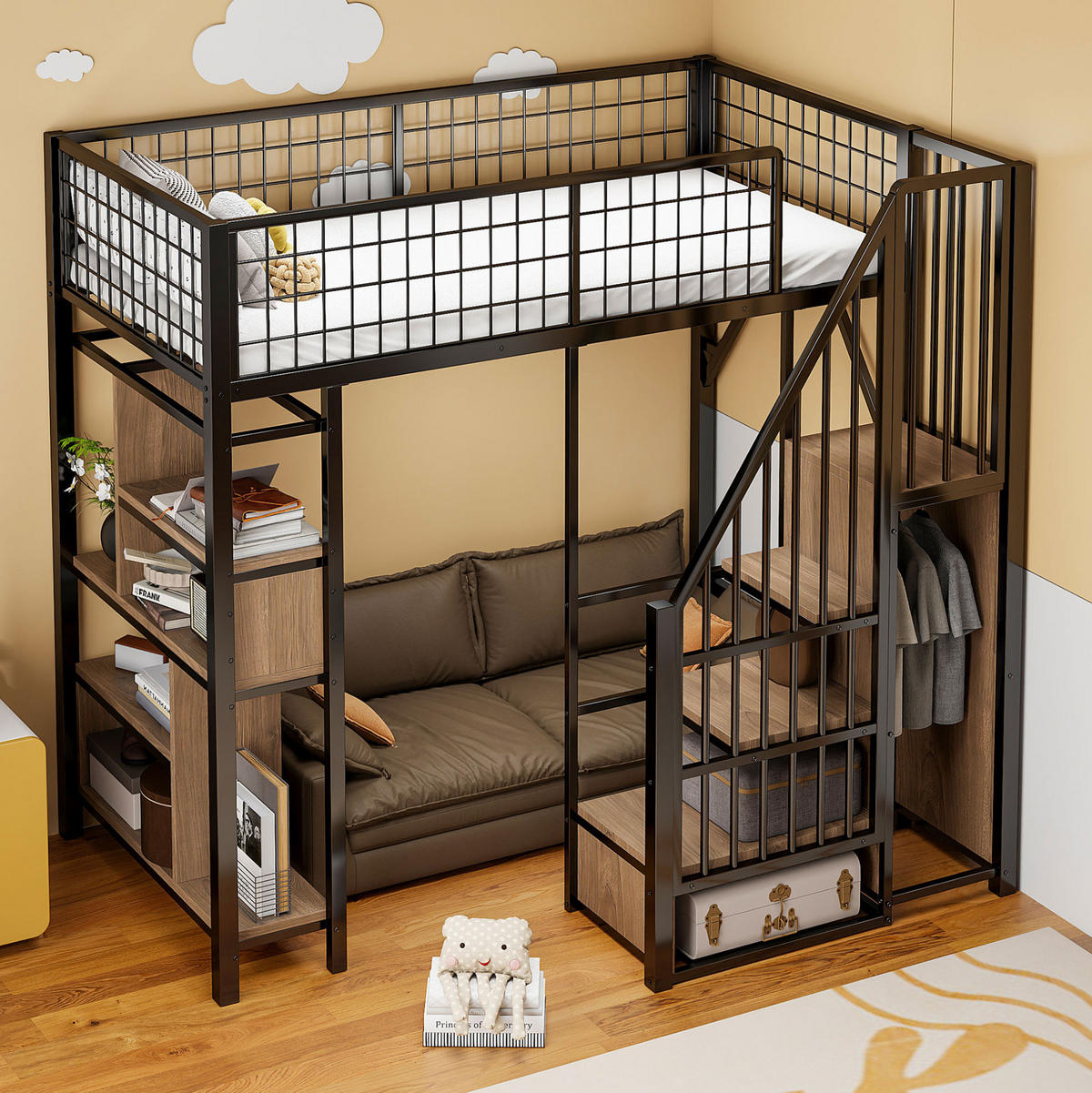 HOCHBETT 90/200 cm aus Metall und Holz mit Stauraumtreppe Schwarz - Schwarz, Metall (90/200cm) - Modenvie