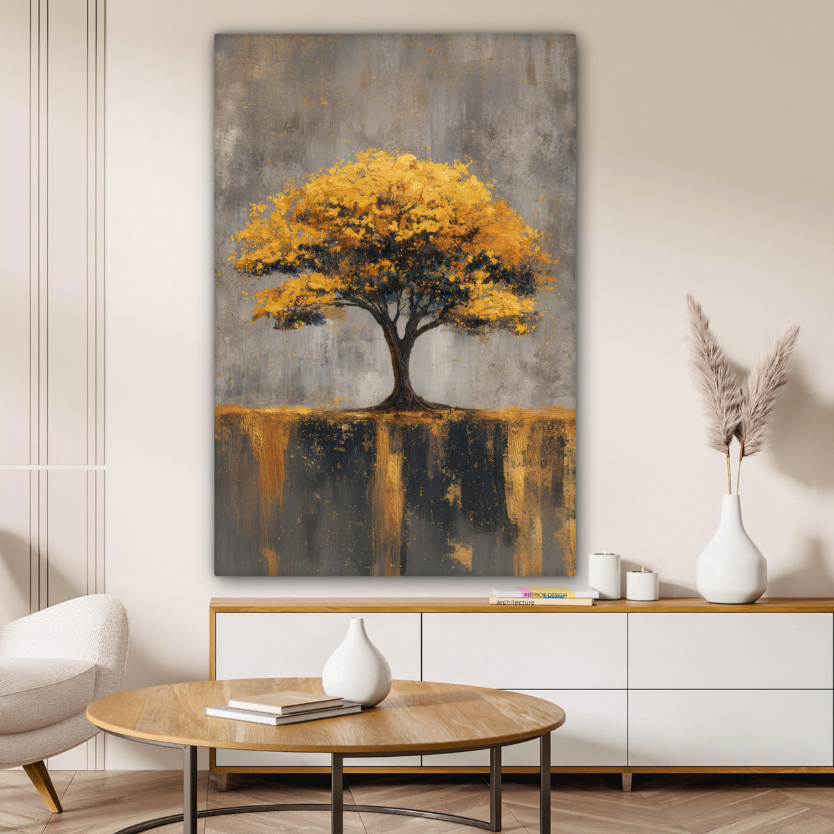 LEINWANDBILD Baum - Blätter - Gold - Abstrakt Deko Groß 90x140 cm - Grau, Textil (90/140cm) - MuchoWow
