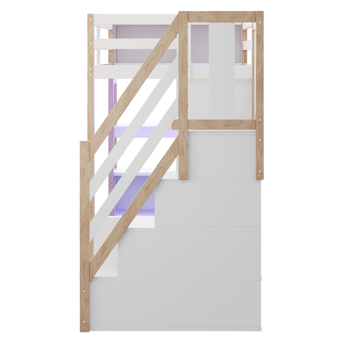 HOCHBETT 90/200 cm DE-01514, in Holzfarbe & Weiß, mit Kleiderschrank, Schreibtisch und LED-Lichtleiste - Naturfarben, Holz (90/200cm) - ComfortXL