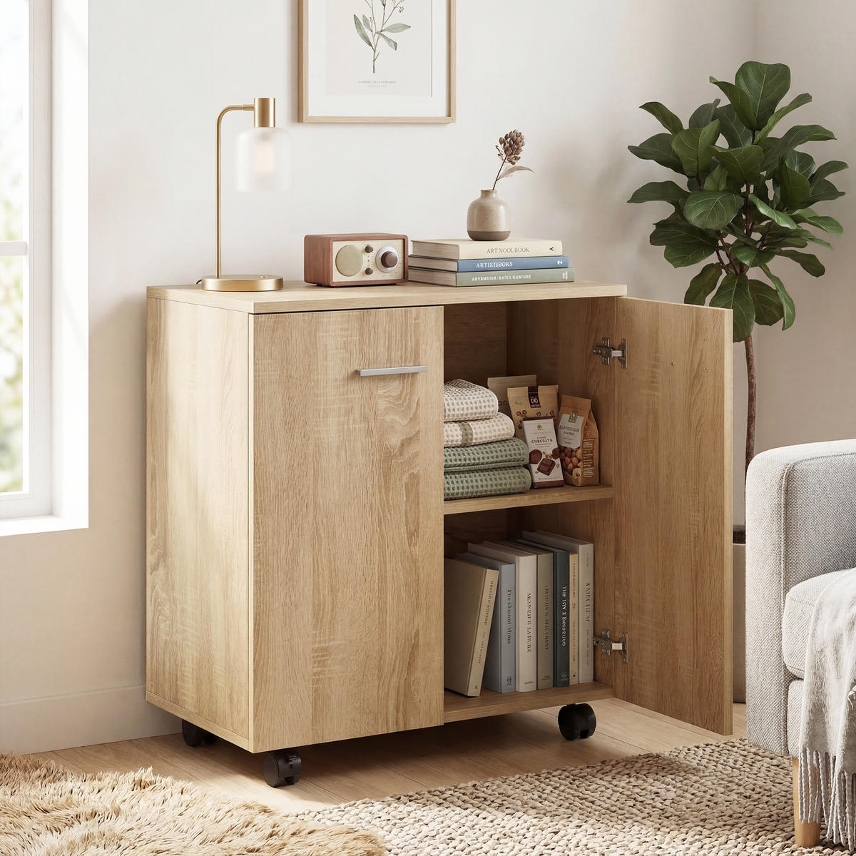 SIDEBOARD Naturfarben, 2 Türen, auf Rollen, 60/35/65 cm - Naturfarben, Holz (60/65/35cm) - PANGIVO