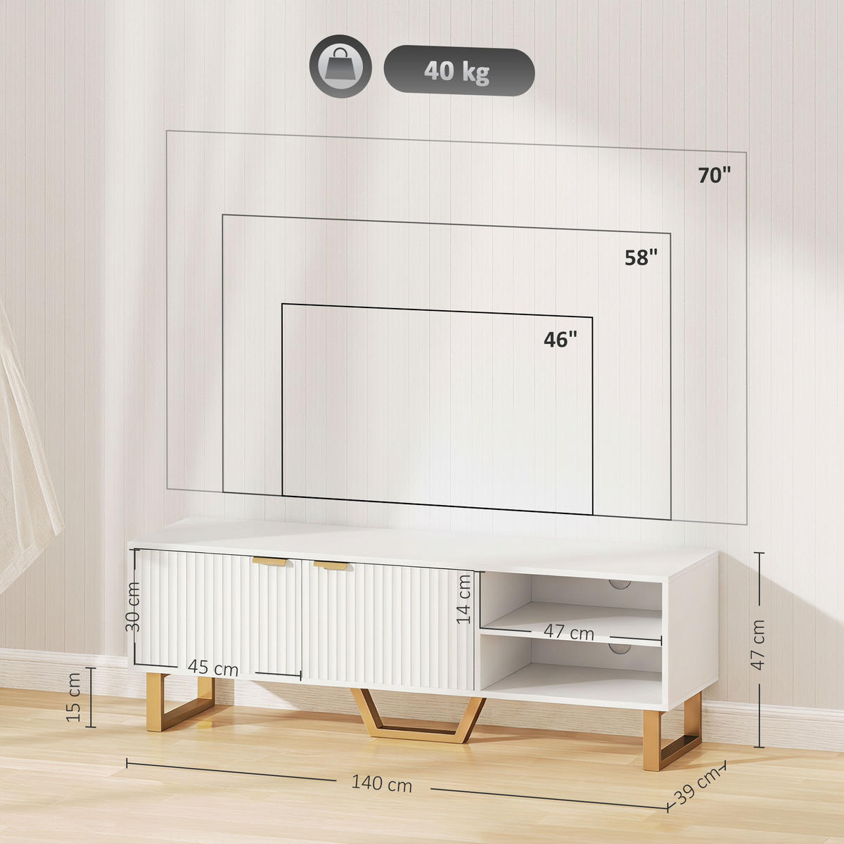 TV-ELEMENT PANG-M4K9B2 - Goldfarben/Ahornfarben, Holz/Metall (39/47/140cm) - PANGIVO