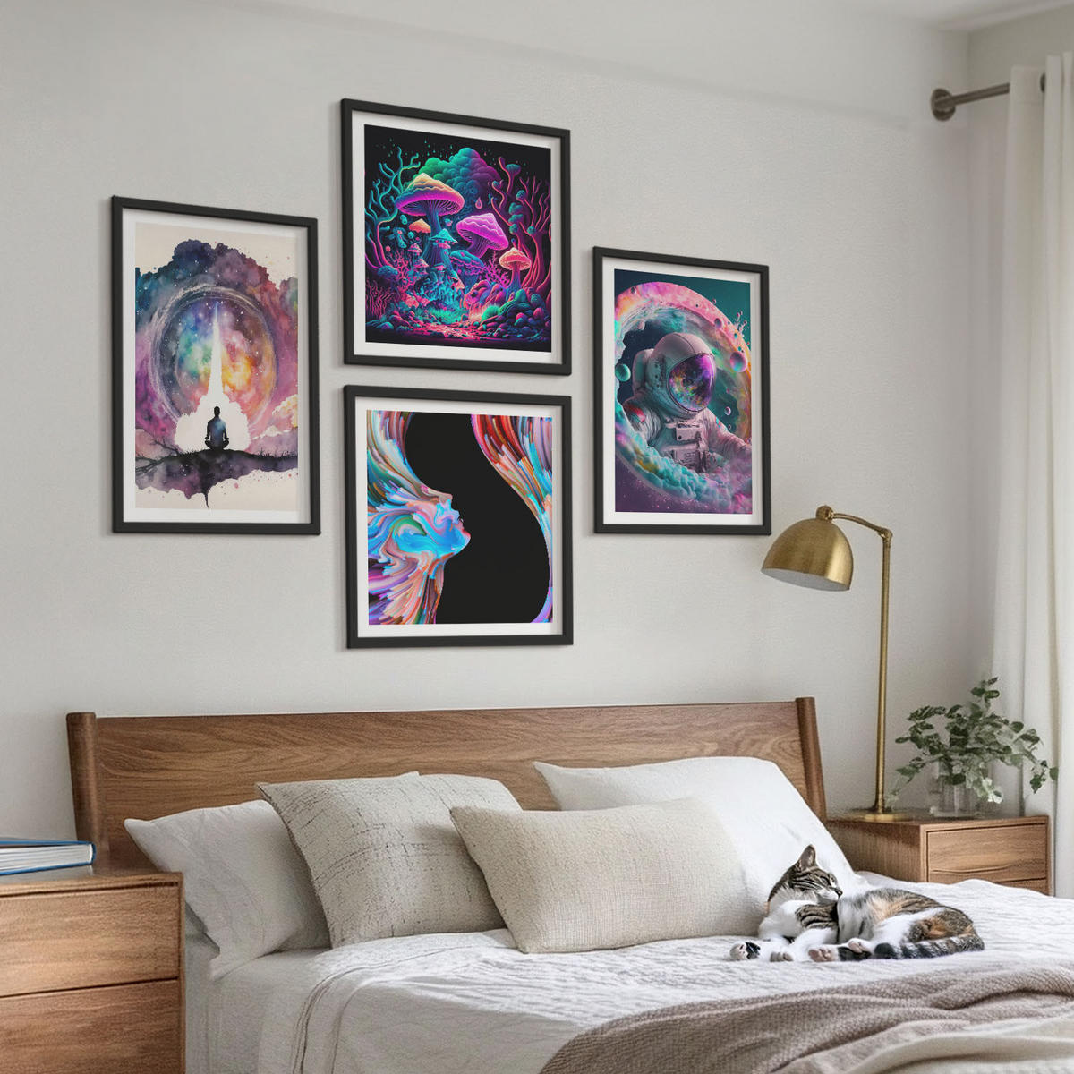 BILDER SET 4er Set - 50x50 cm & 40x60 cm Schwarzer Rahmen - Farbenfrohe Fantasy-Kunstillustrationen - Schwarz, Kunststoff (50/50cm) - TULUP