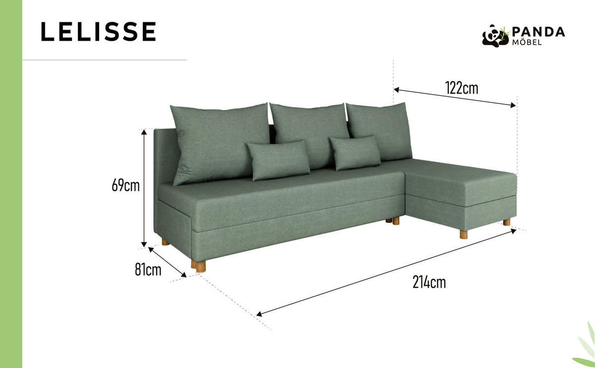 ECKSOFA Lellice L-Form - links oder rechts montierbar, grün - Grün, Holz (214/122cm) - Panda Möbel