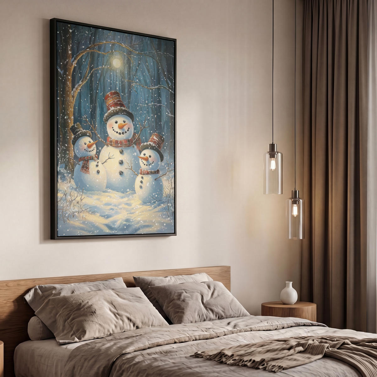 LEINWAND Bilder mit Rahmen - Schneemann - Schnee - Winter - Wald - 60x90 - Hellblau, Textil (60/90cm) - MuchoWow