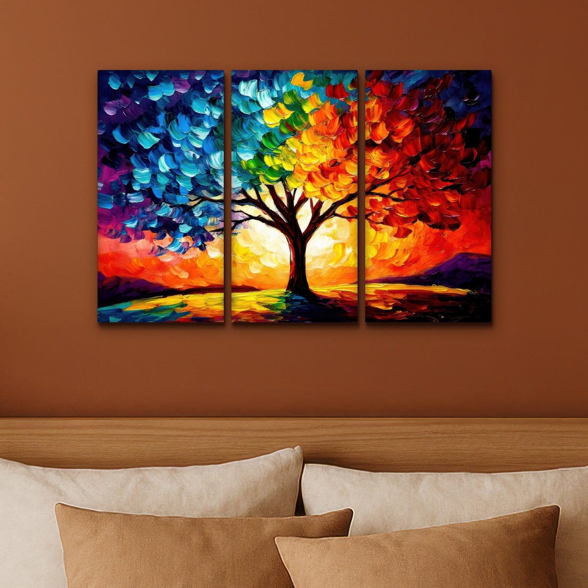 LEINWANDBILD 3er Set Baum - Farbenfroh - Malerei-Look - Abstrakt 60x40 cm - Multicolor, Textil (60/40cm) - MuchoWow