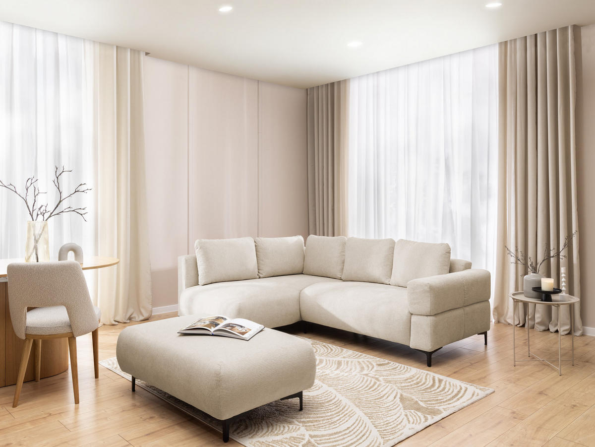 POLSTERHOCKER Cardea in Bubble-Optik aus weichem Hellbeige Strukturstoff mit hohem Sitzkomfort - Beige/Schwarz, Holz/Textil (110/46/65cm) - S-Style Möbel